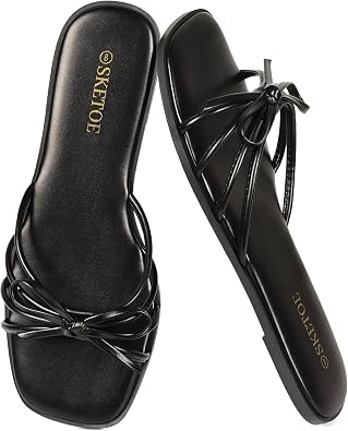 Womens Strappy Sandals Square Open Toe Bow Sandals for Women Dressy Summer Flat Sandals for Beach Vacation