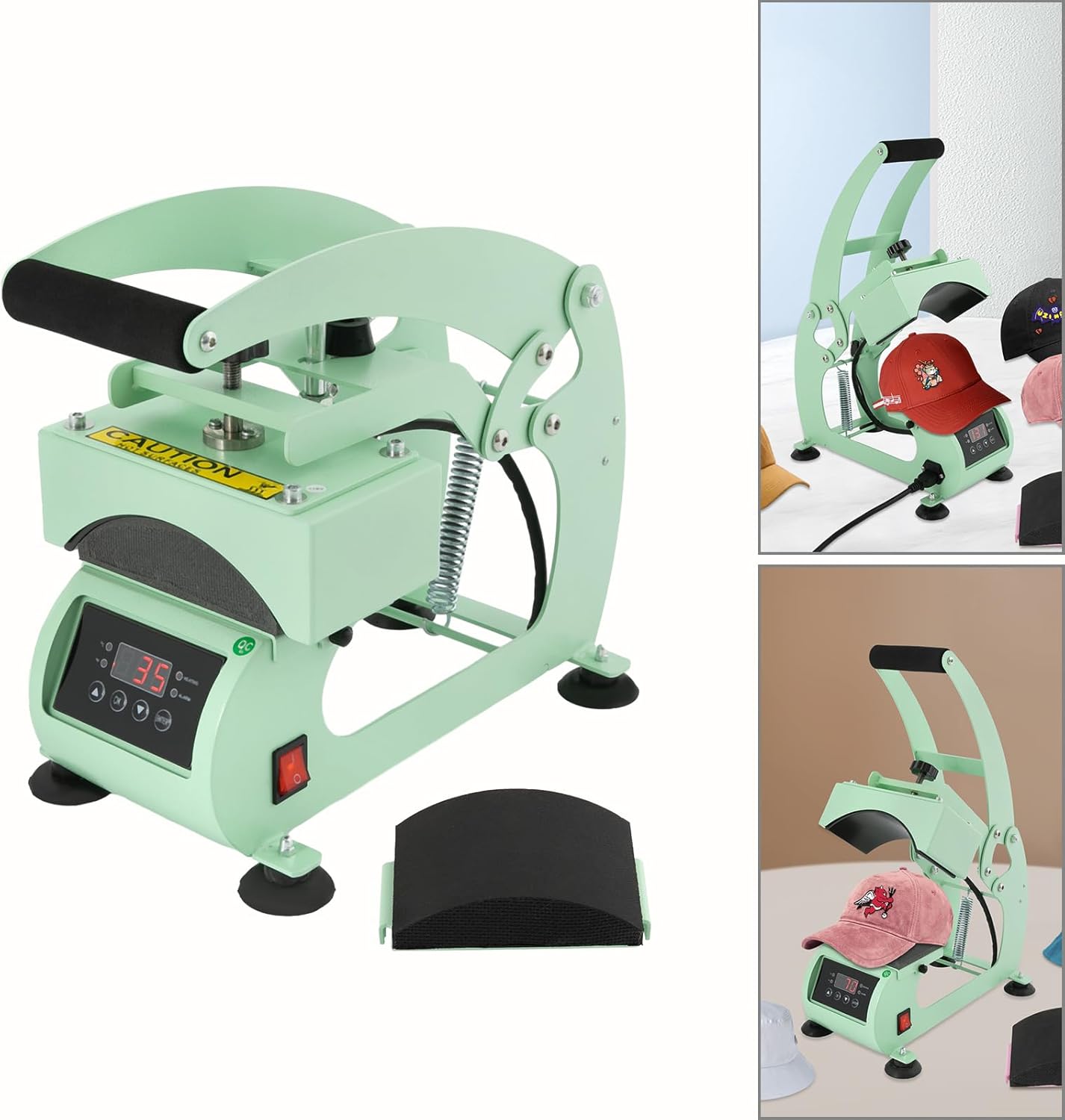 Hat Heat Press Machine - 2-in-1 Hat Heat Press Machine Curved Element Clamshell Design Transfer Printing Machine - Cap Sublimation Transfer Press with Timer and Temperature Control (Light Green)