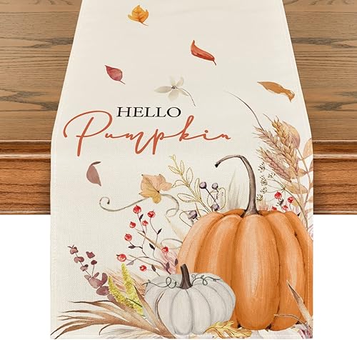 Artoid Mode Hello Pumpkin Flowers Leaves - Camino de mesa de Acción de Gracias, cosecha de otoño, vintage, decoración de mesa de comedor para