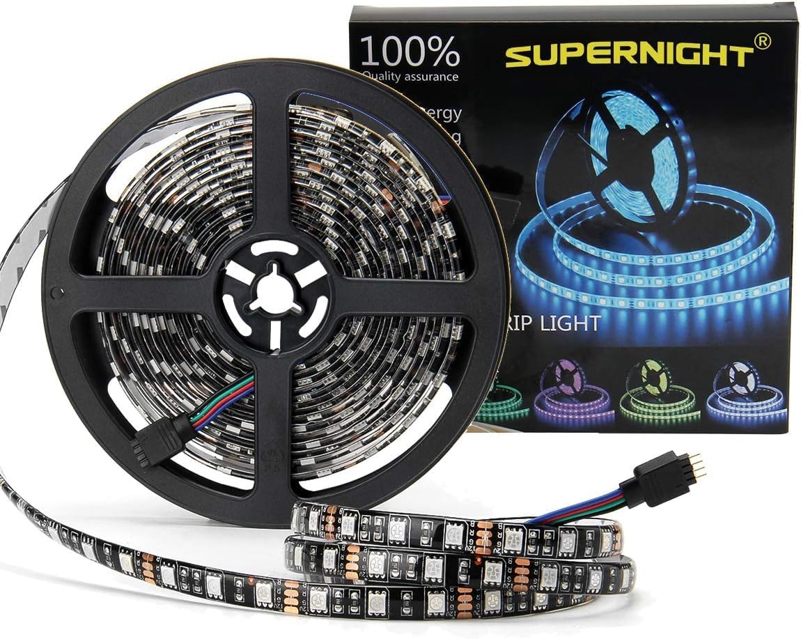 SUPERNIGHT LED Strip Lights, 16.4FT 5M SMD 5050 Waterproof 300LEDs RGB Color Changing Flexible LED Light Strip for Bedroom, TV Back Lighting, Christmas, Valentine's Day (Black PCB) 2 Pcs