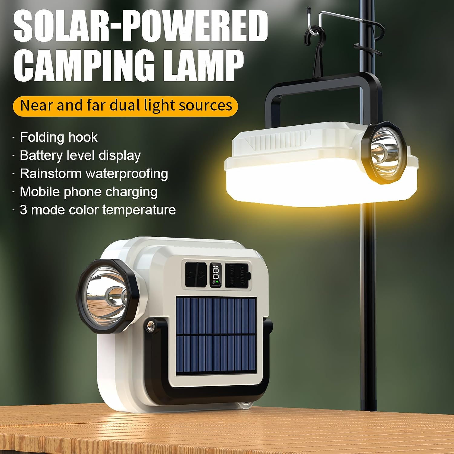 Outdoor Solar Lantern – Waterproof Portable LED Camping Lamp & Rechargeable Flashlight with USB & Solar Charging, Hanging Light for Hiking, Fishing, Travel & Emergencies