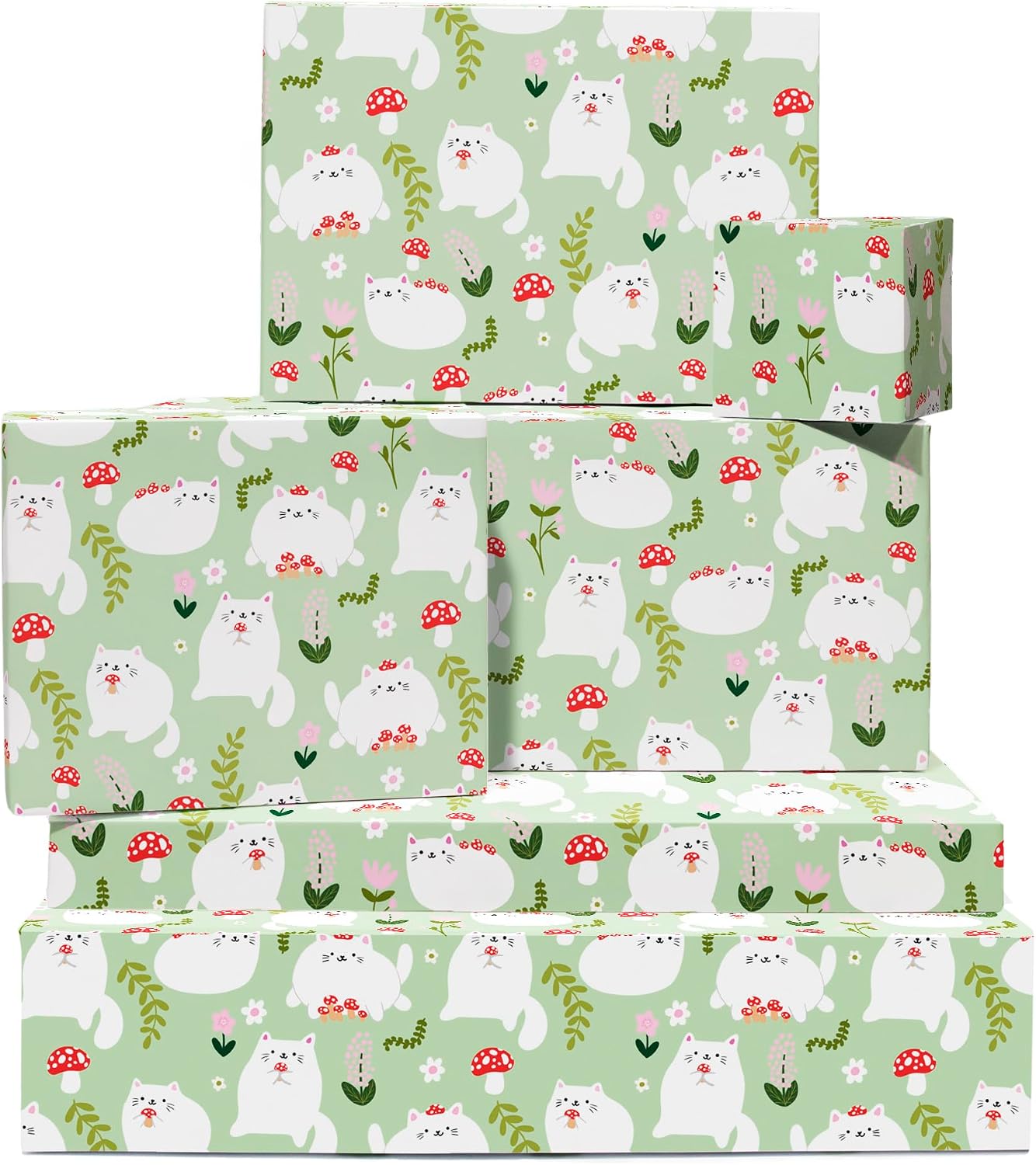 Green Wrapping Paper - Cat & Mushroom Design - 6 Sheets for Birthday, Easter, Christmas, Anniversary, Wedding, Baby Shower - For Girls and Boys - With Tags