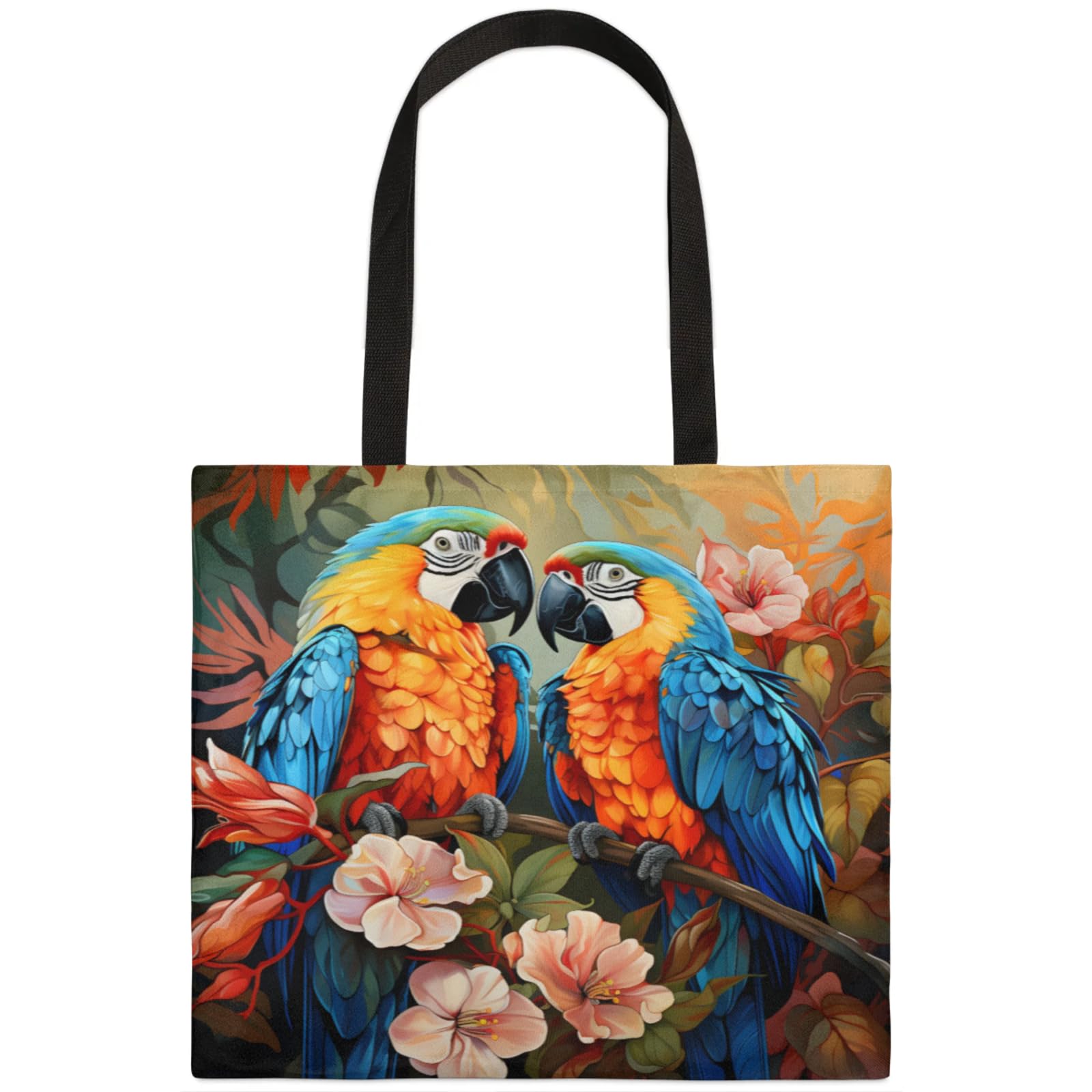 Mularoka Parrots Tropical Flowers Square Canvas Tote Bag Top Handle Purses Stylish Women Canvas Shoulder Tote Bags Reusable Handbags for Work Travel Picnic Beach Shopping Gym Hiking