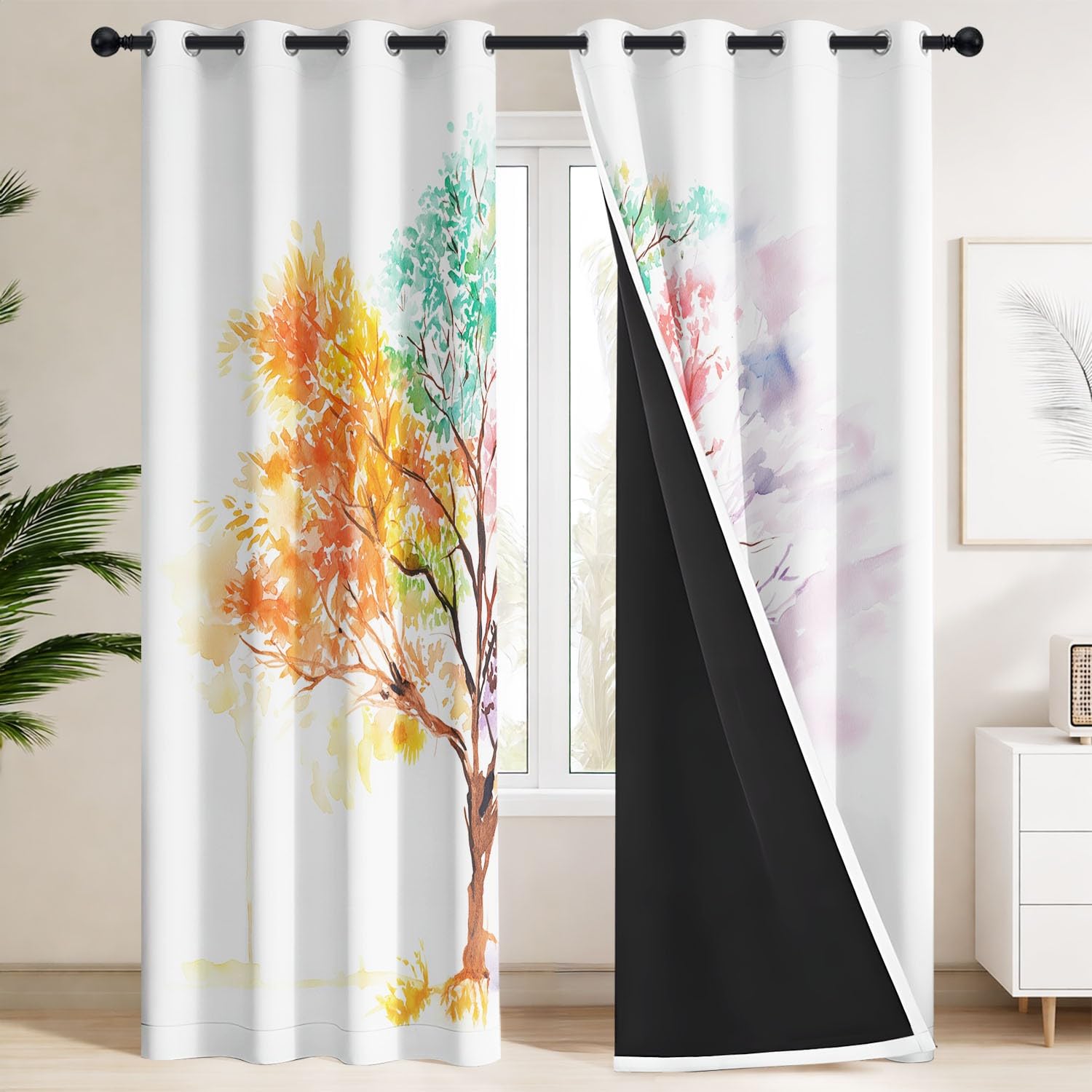 Generisch Baum Blatt Zweig Blickdichte Gardinen Aquarell Saison Ösenvorhänge Thermo Vorhang Schlafzimmer Wohnzimmer Kinder Verdunklungsvorhänge 2er Set B 91.5 x H 214 cm
