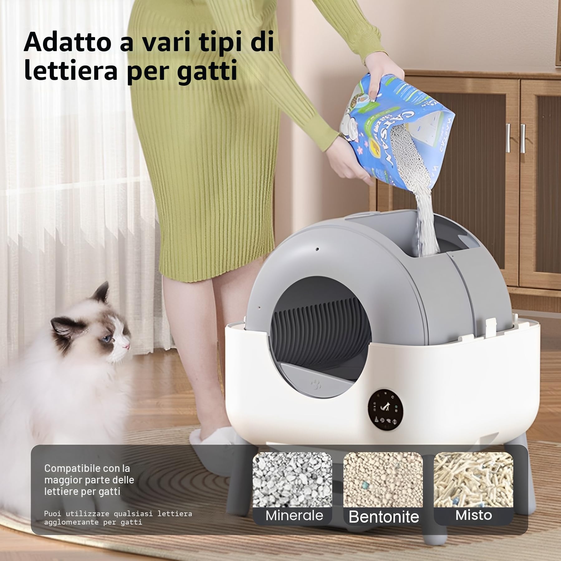 Lettiera Gatto Autopulente,Lettiera Autopulente per Gatti, Grande Capacità 76 Litri, Tipo Chiuso/Inodore/Illuminazione Ambientale, Lettiera Automatica per Gatti adatto per Più Gatti