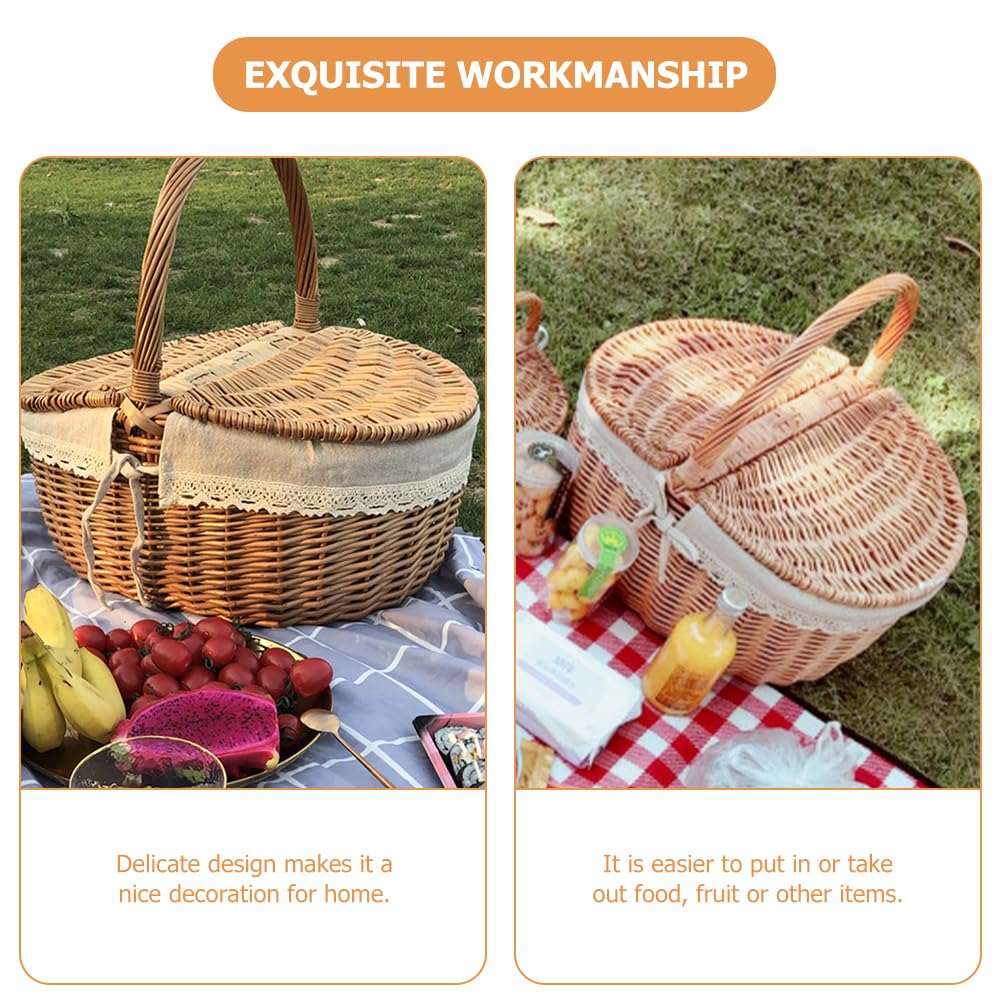 Garneck Picknickkorb mit Deckel Einkaufskorb Geflochten Pilz Obst Brot Rattan Weiden Mit Henkel Geflochtener Blumen für Outdoor Picknick 35CM