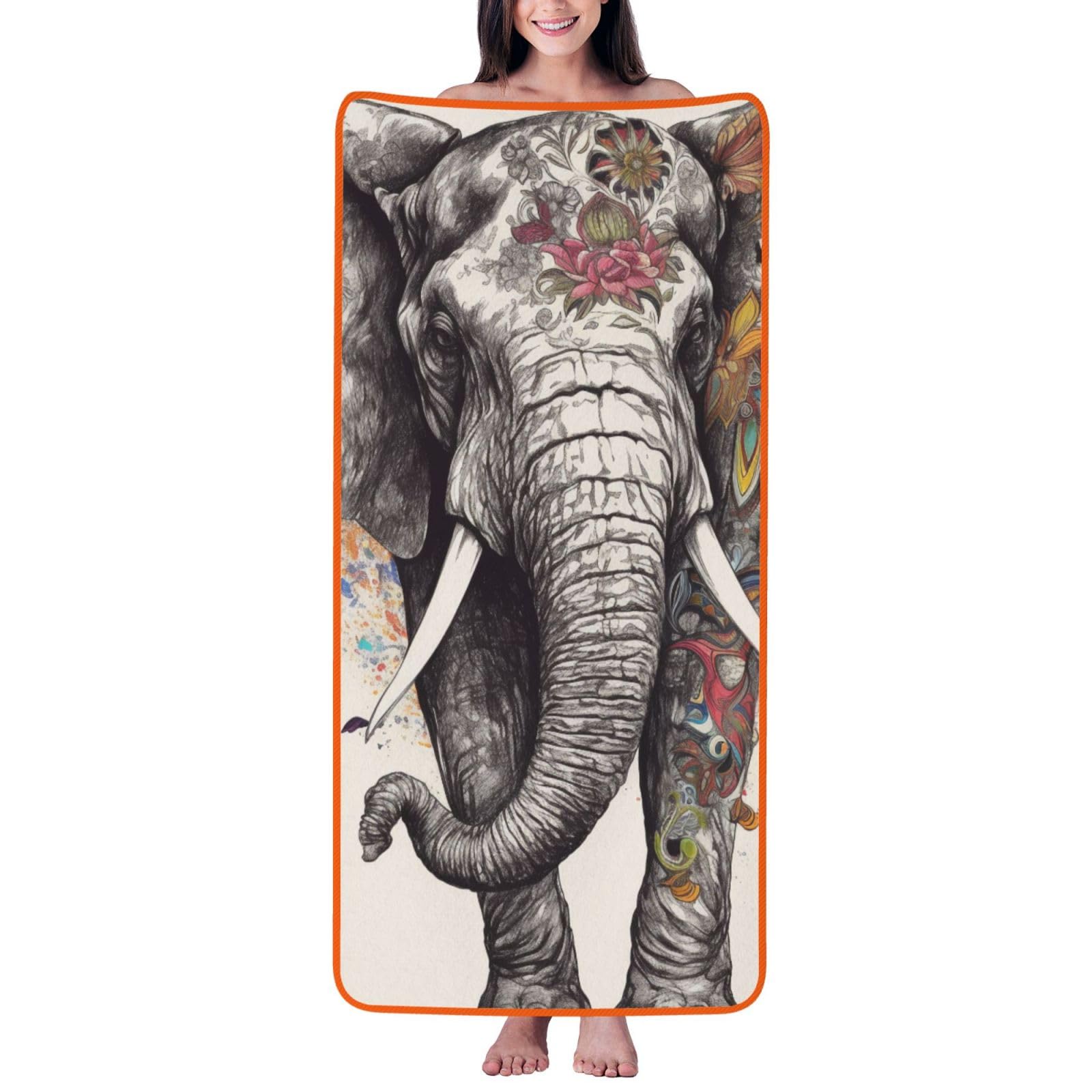 WPKJU Elephant Printed Bath Towel with Orange Edging - 27x55 in Soft Extra Absorbent Coral Velvet Shower Towels for Bathroom