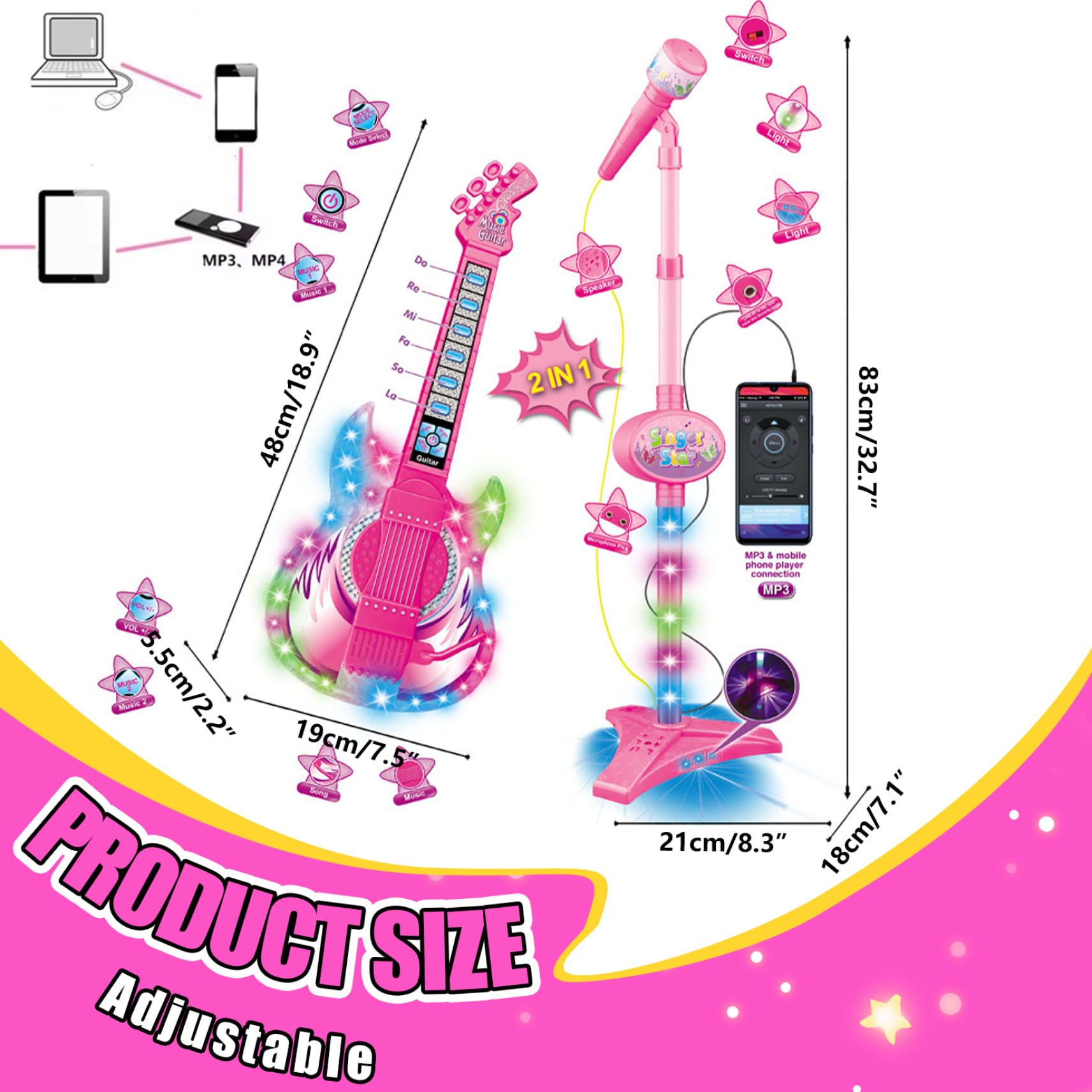 Chitarra e Microfono per Bambini, Chitarra Giocattolo con Musica e Luce Microfono per Bambini 2 in 1 Regolabile in Altezza con Supporto Strumenti Giocattolo per l'apprendimento