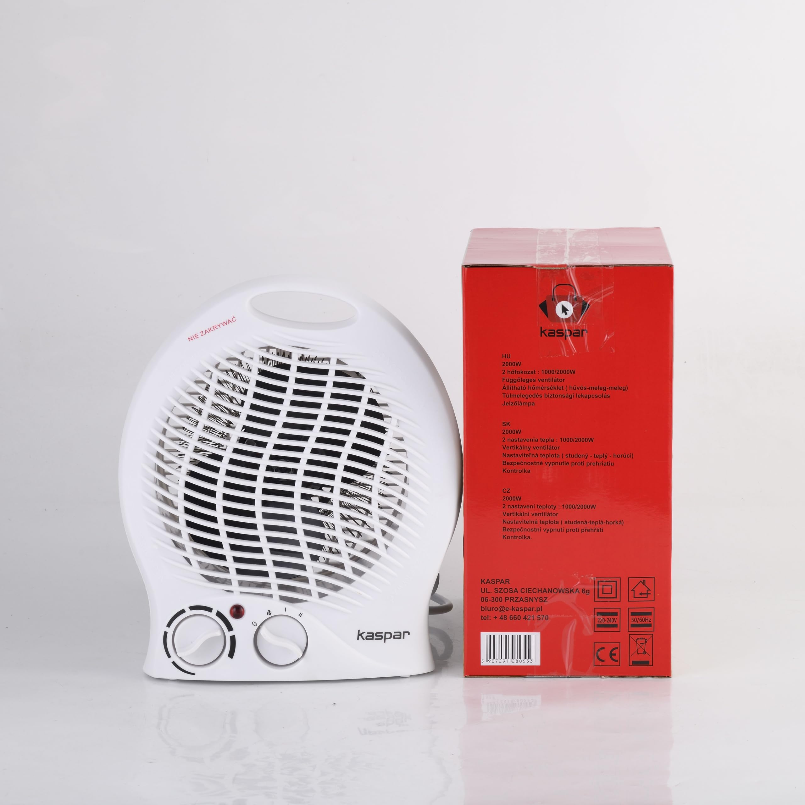 KASPAR Termowentylator, mały, kompaktowy wentylator termiczny, grzejnik elektryczny, 1000 W, 2000 W, z funkcją wentylatora, termostat, zabezpieczenie przed przegrzaniem, ogrzewanie elektryczne, 3