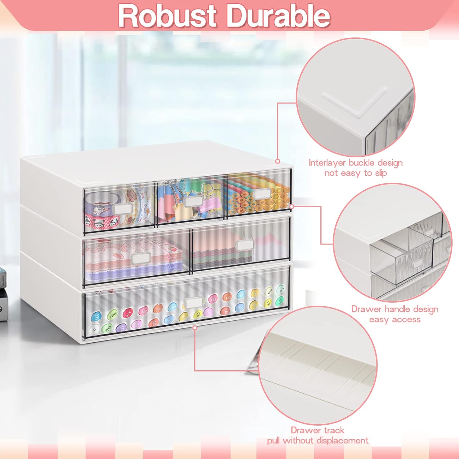 3 Tier Stackable Desk Organizer with 6 Drawers, YOCOMEY Plastic Desktop Storage Box Drawers, Detachable Makeup Storage Office Stationery Supplies Organizer for Office School(White)