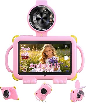 PEICHENG Tablet for Kids 7Inch IPS Display, 3+5GB RAM+32GB ROM+1TB Expand, Shockproof Case with Handles, Parental Control, Educational Entertainment Apps, Dual Cameras 90 Rotatable Lens, Pink