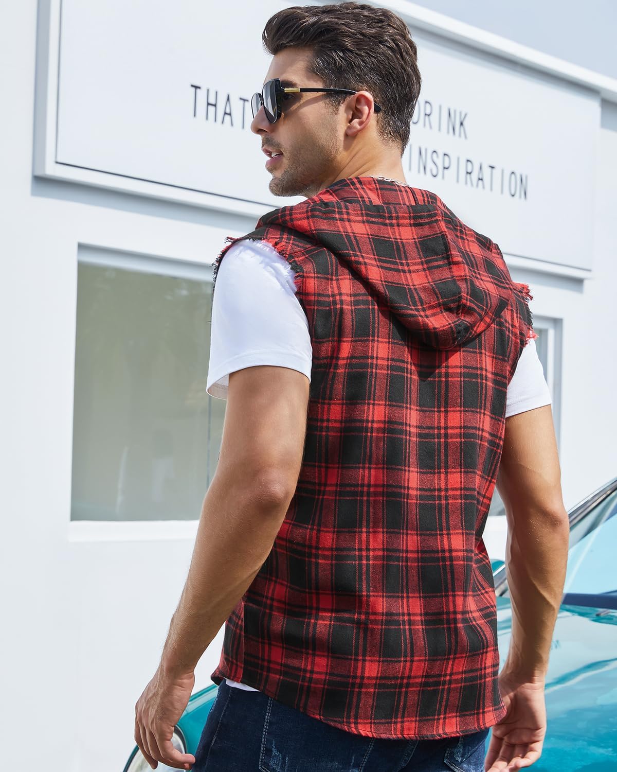 Sleeveless Plaid Vest Hoodies for Men,Cowboy Button Down Shirts - Image 4