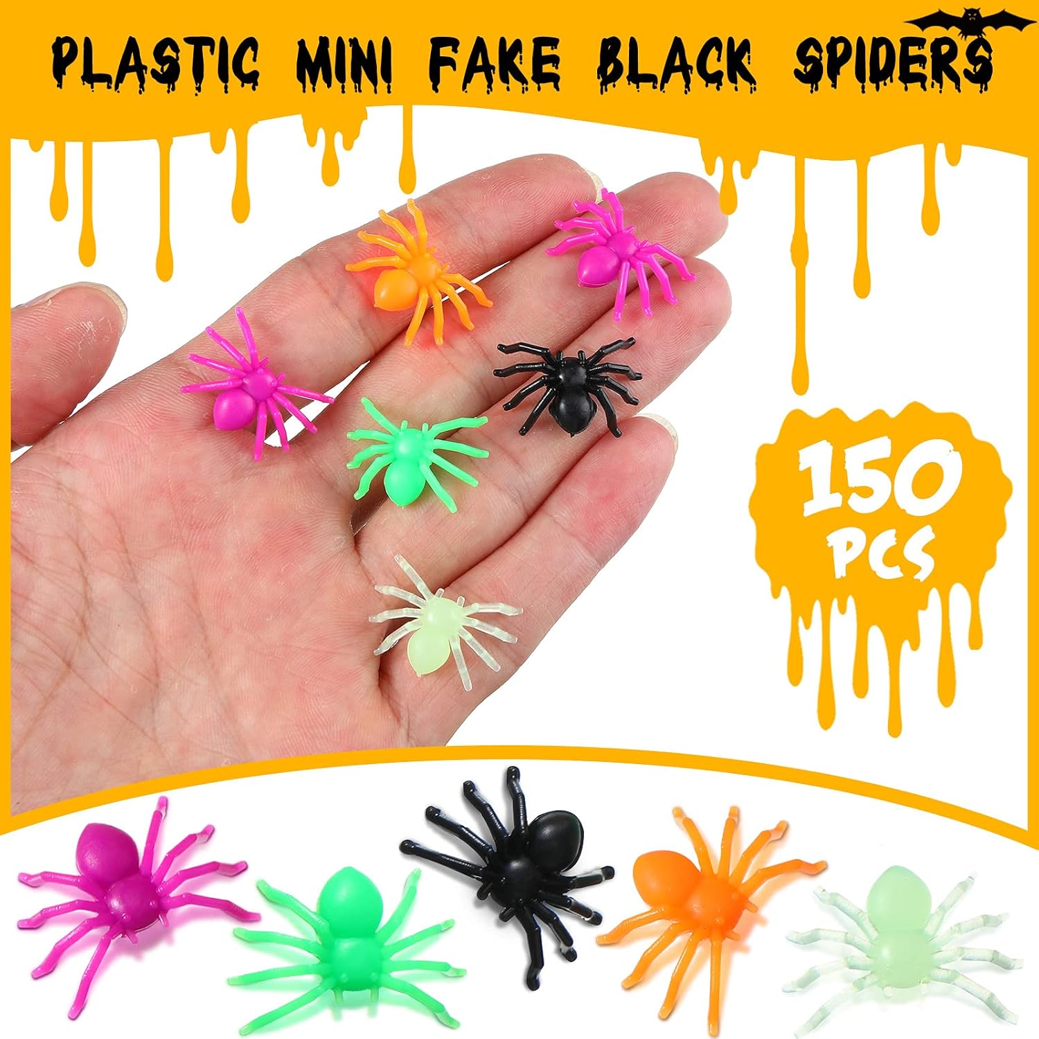 150 Pieces Plastic Spider Mini Fake Spider, Spider Toy Prank, Halloween Realistic Spider for Costume Parties Carnivals Halloween Joking Decor Cemetery Theme(Multi-Color,0.87 x 0.59 Inches)