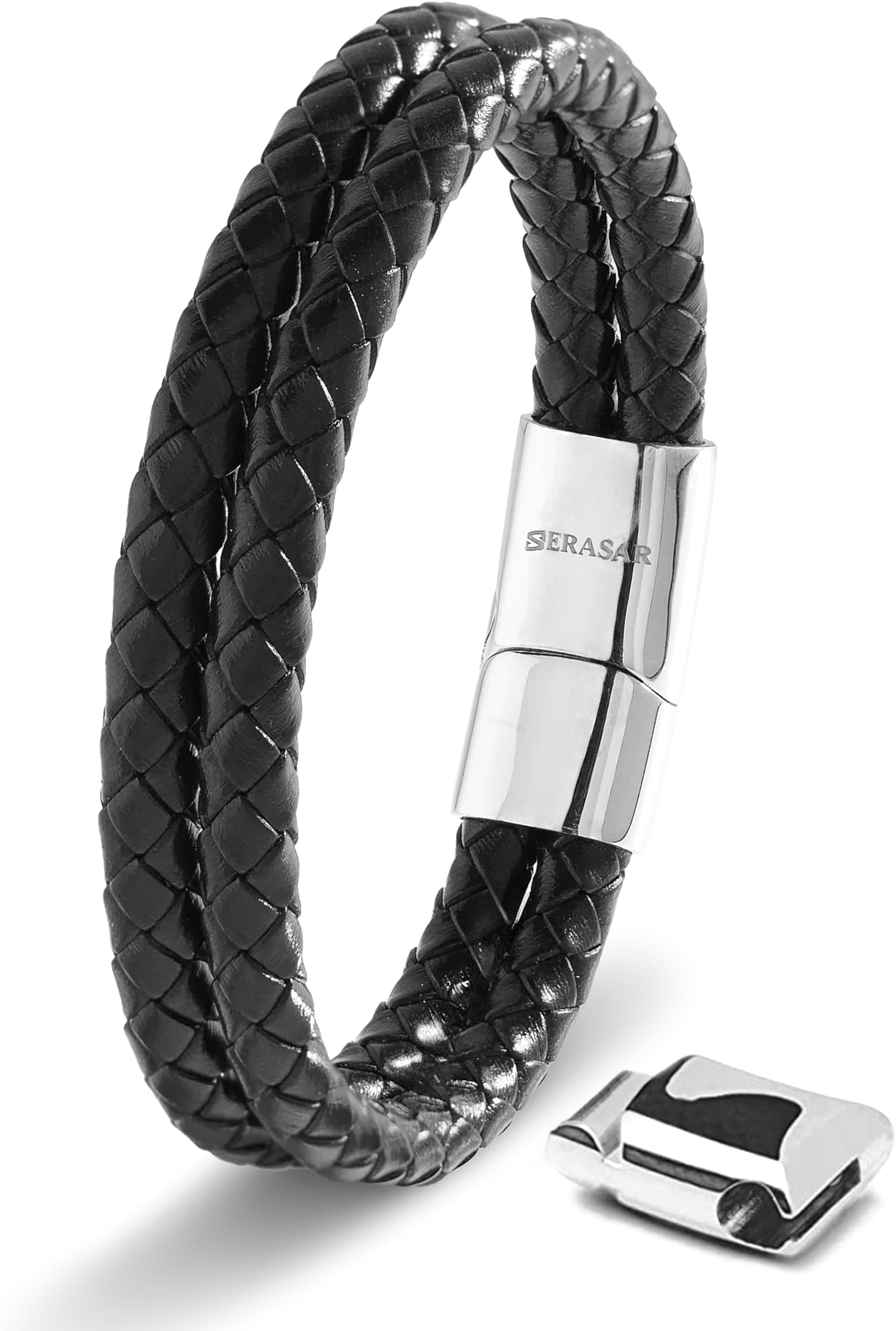 SERASAR Premium Leather Bracelet for Men - Magnetic Stainless Steel Clasp in Black, Silver and Gold - With Jewelry Box - Great Gift Idea
