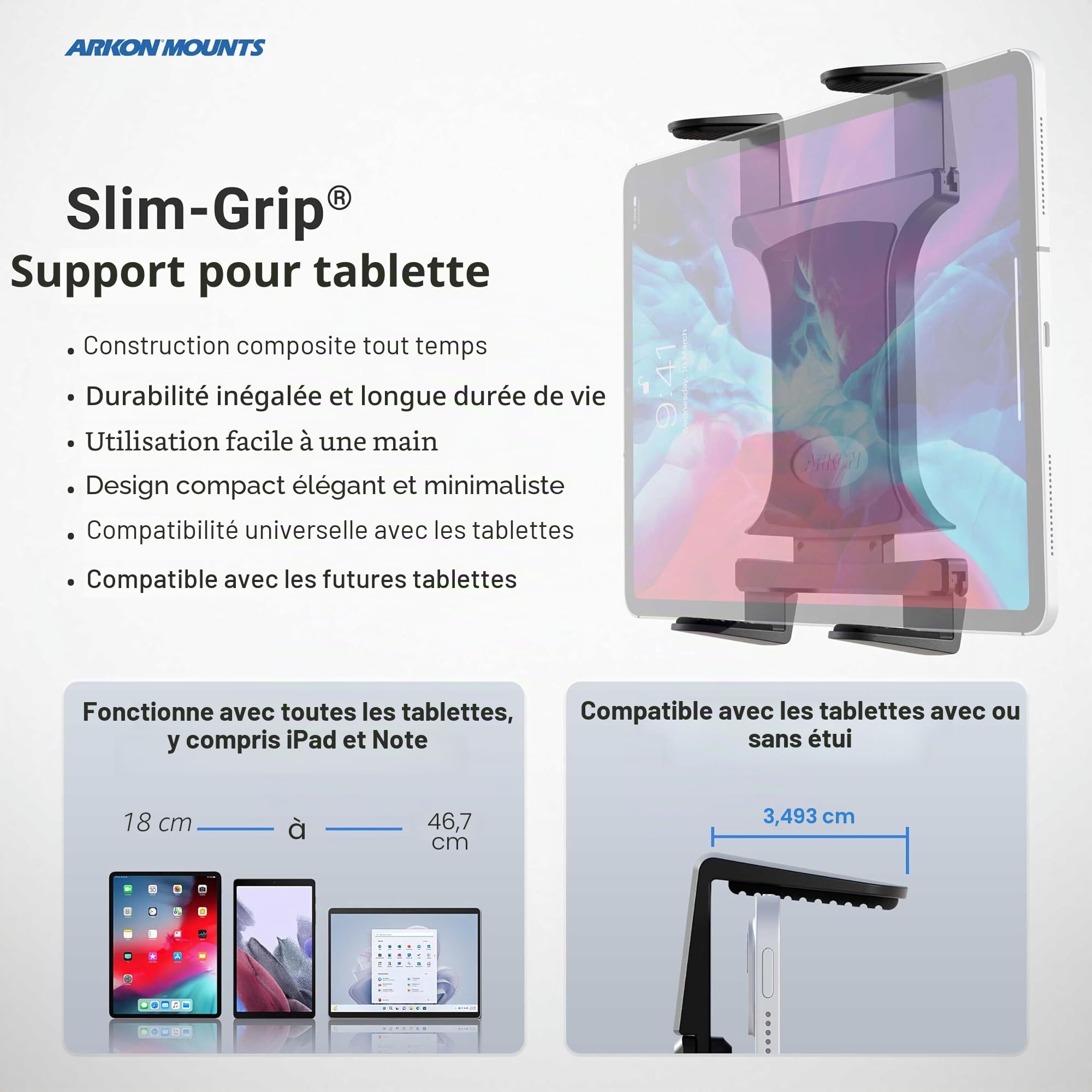 ARKON TAB188L22 Support pour Tablette avec Bras de 55,9 cm pour iPad Pro, iPad Air 2 et iPad Noir