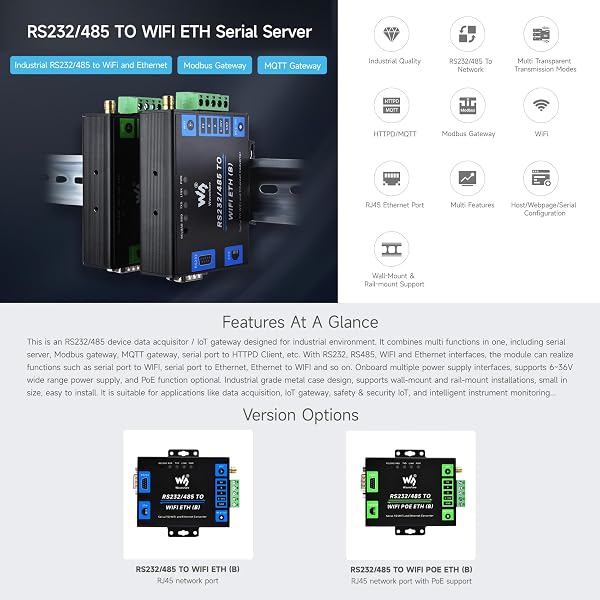Waveshare Industrial Grade Serial Server RS232/485 to WiFi and Ethernet, Modbus Gateway, MQTT Gateway, Metal Case, Wail-Mount and Rail-Mount Support - 3