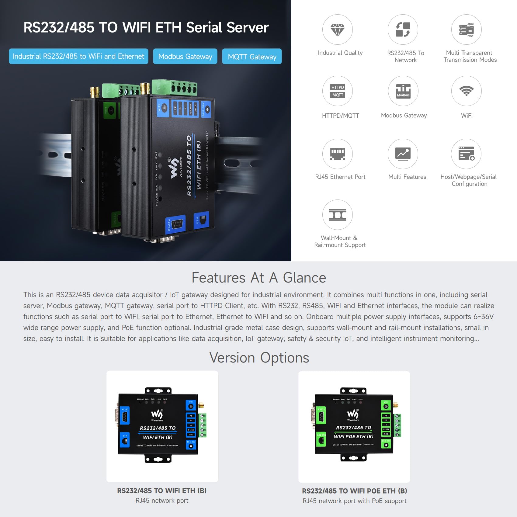 Waveshare Industrial Grade Serial Server RS232/485 to WiFi and Ethernet, Modbus Gateway, MQTT Gateway, Metal Case, Wail-Mount and Rail-Mount Support