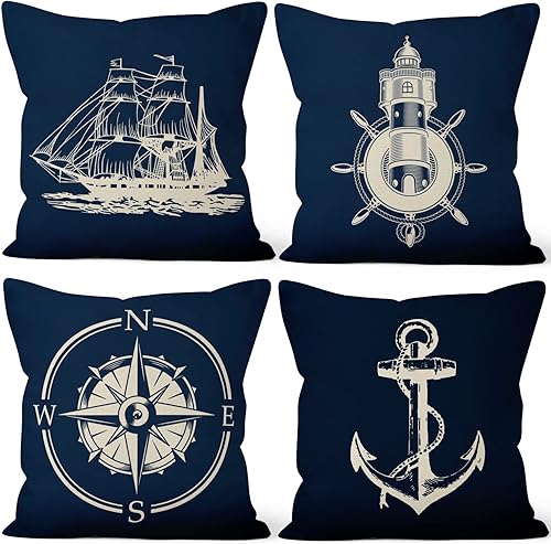 Nihilar Juego de 4 fundas de almohada náuticas de 18 x 18 pulgadas color azul marino fundas de almohada decorativas para decoración de sala de estar