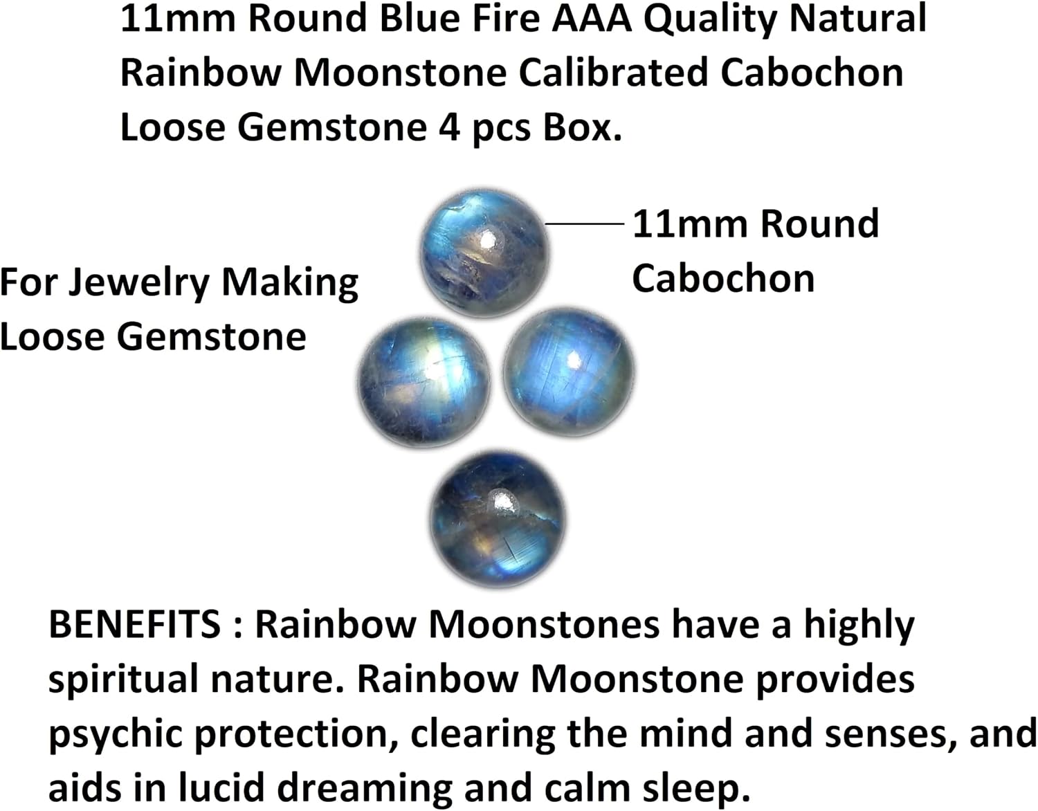 Natural Rainbow Moonstone 11mm round blue fire AAA quality calibrated cabochon loose gemstone for jewelry making 4 pcs Box.
