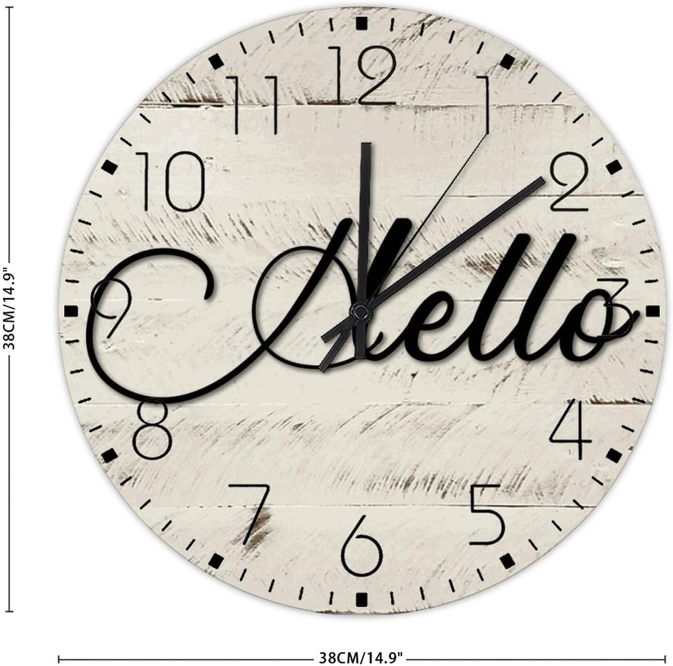 Wood Hanging Wall Clock Non-Ticking Quartz Battery Operated Hello Rustic Wall Clocks Cursive Word Art Black Letters Wall Decor for Warehouse Office Children's Room 15 Inch