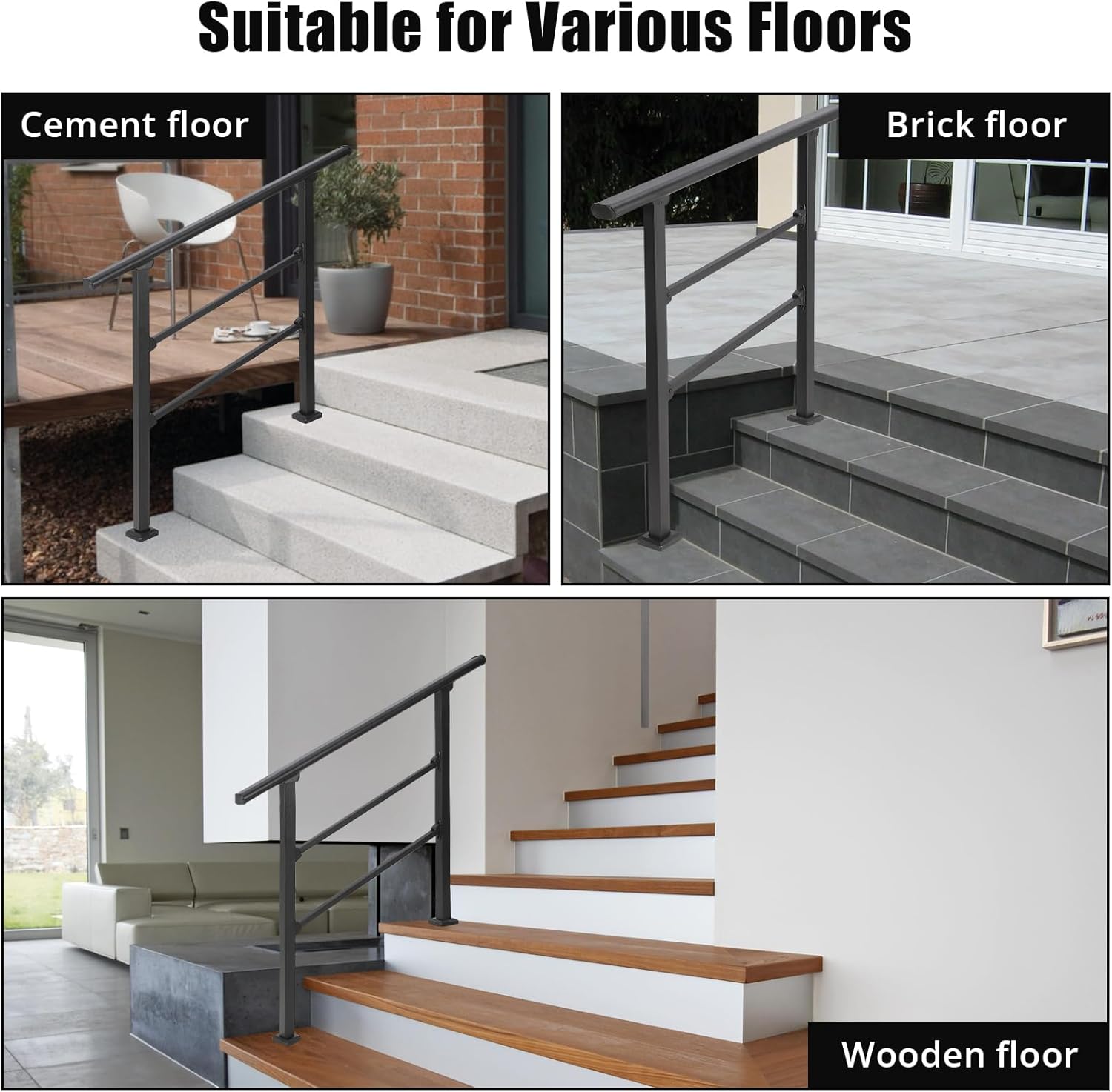 Handrails for Outdoor Steps, 2PCS Outdoor Stair Railing Fits 2 to 3 Steps, Sturdy Porch Railing with Installation Kit, No Rust Wrought Iron Hand Railings for Outdoor Steps