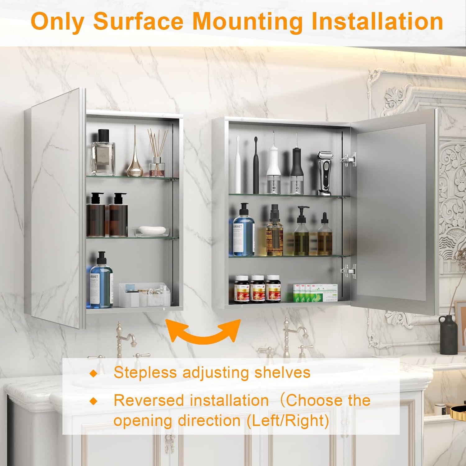 20" x 26" Aluminum Medicine Cabinet with Mirror, Only Wall Mount Medicine Cabinet for Bathroom, Modern Sliver Mirrored Medicine Cabinet with Storage and 2 Adjustable Shelves,Tempered Glass