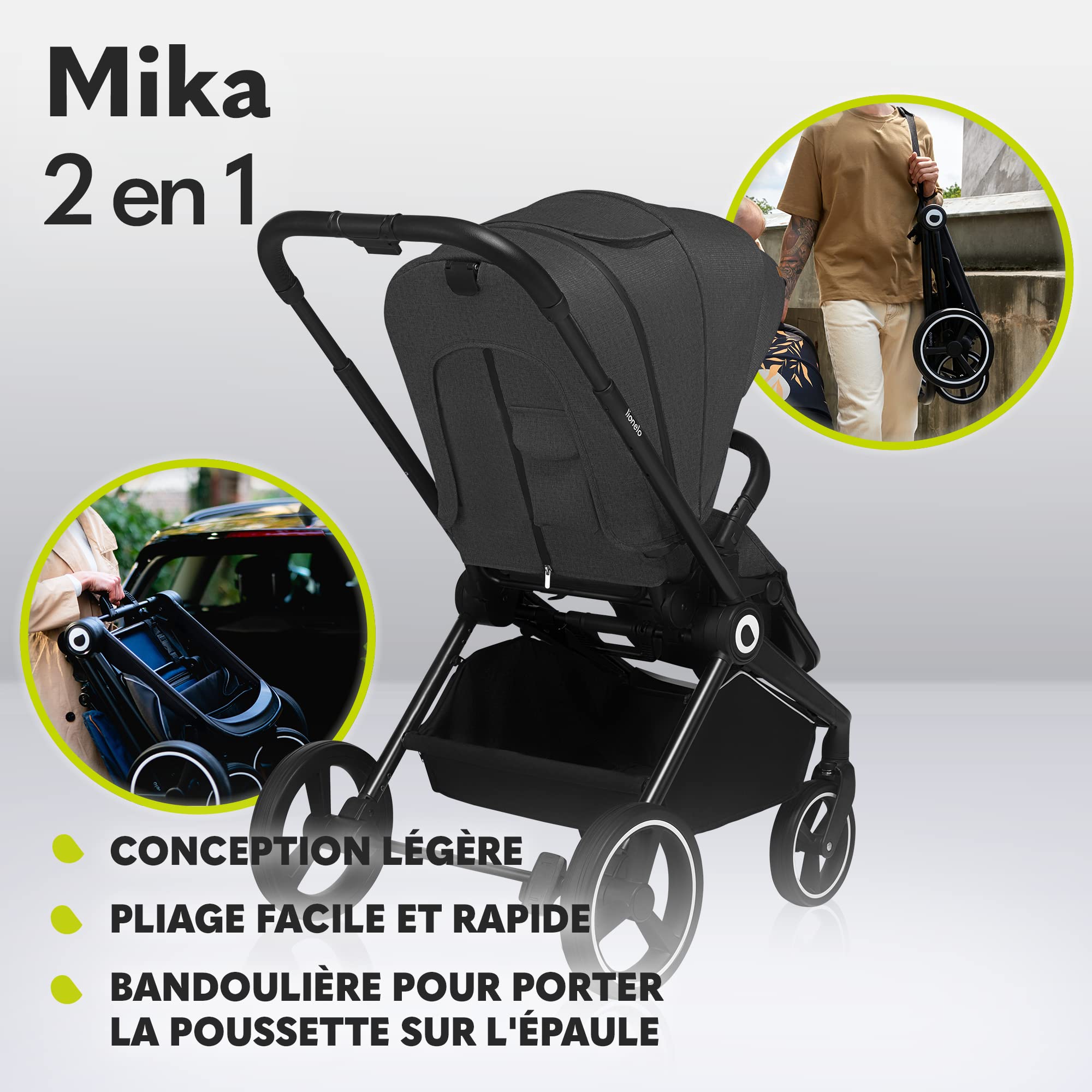LIONELO Mika poussette enfant compacte 2en1, nacelle, poussette canne, poussette cosy, un habillage de pluie, une moustiquaire, un chauffe-pieds, poussette compact, pousette bebe complet