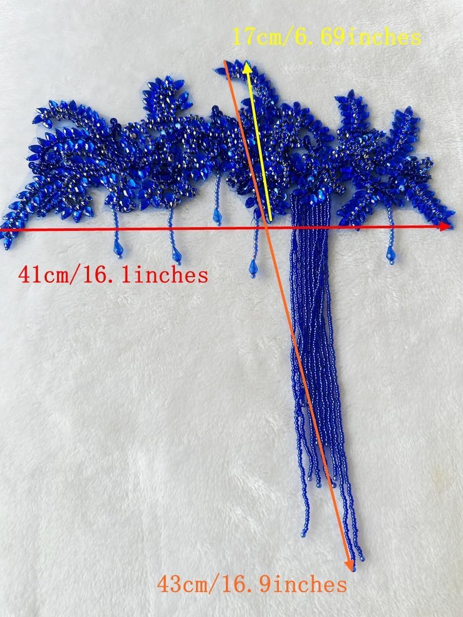 Pure Handmade Rhinestone Fringe Patch Trim Crystal Beaded Applique for Sewing Crafts Wedding Party Decoration Bridal Dress Accessories 16.1X16.9inches (Red)