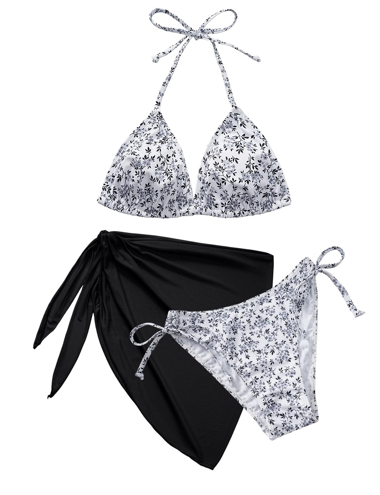 Vijamiy Bikini Damen Set 3 Teiliger Triangel Bikinis Push Up Neckholder Sexy Push Up V Ausschnitt Bademode mit Rock Swimsuit Set