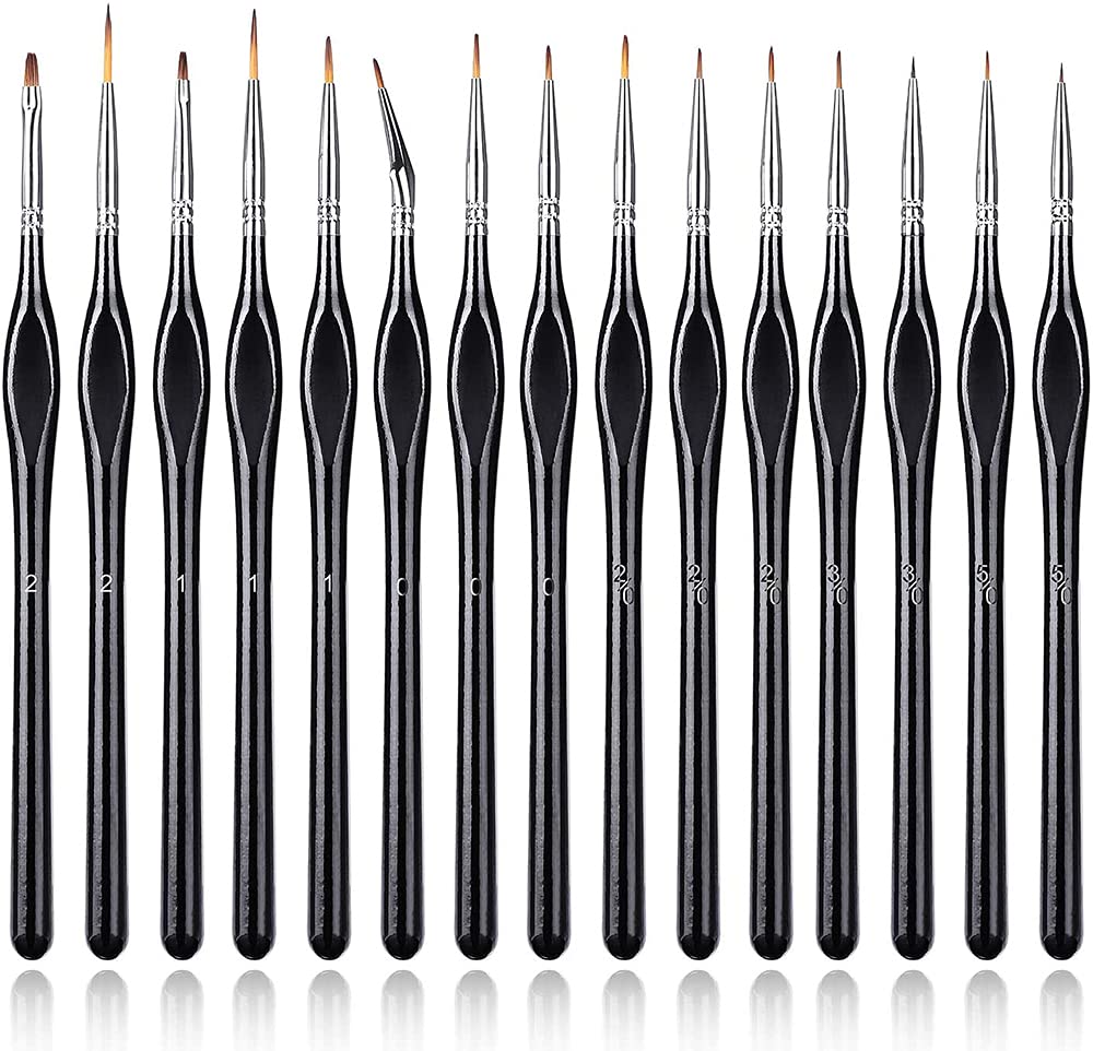 DELFINO 15Pcs Detail Paint Brush Set, Model Miniature Brushes Micro Detail Paint Brush Set, Fine Detailing for Acrylics, Oils, Watercolors & Paint by Number, Figurine (Black)