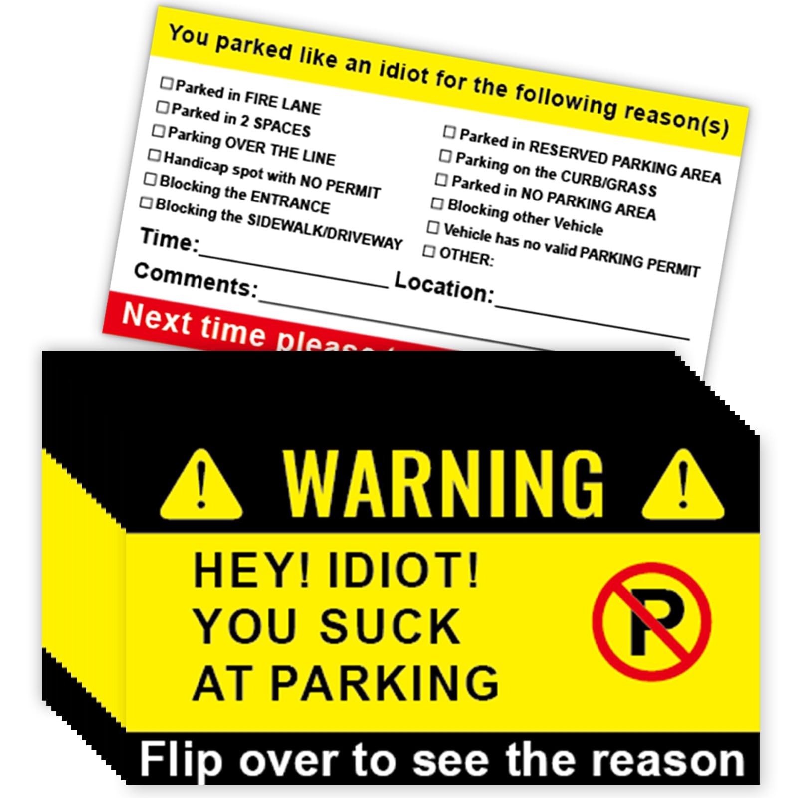 Bad Parking Cards - 50Pcs HEY IDIOT YOU S*CK AT PARKING, 3.5"x2" Learn to Park With Multi Reasons, Funny Car Accessories for Adults