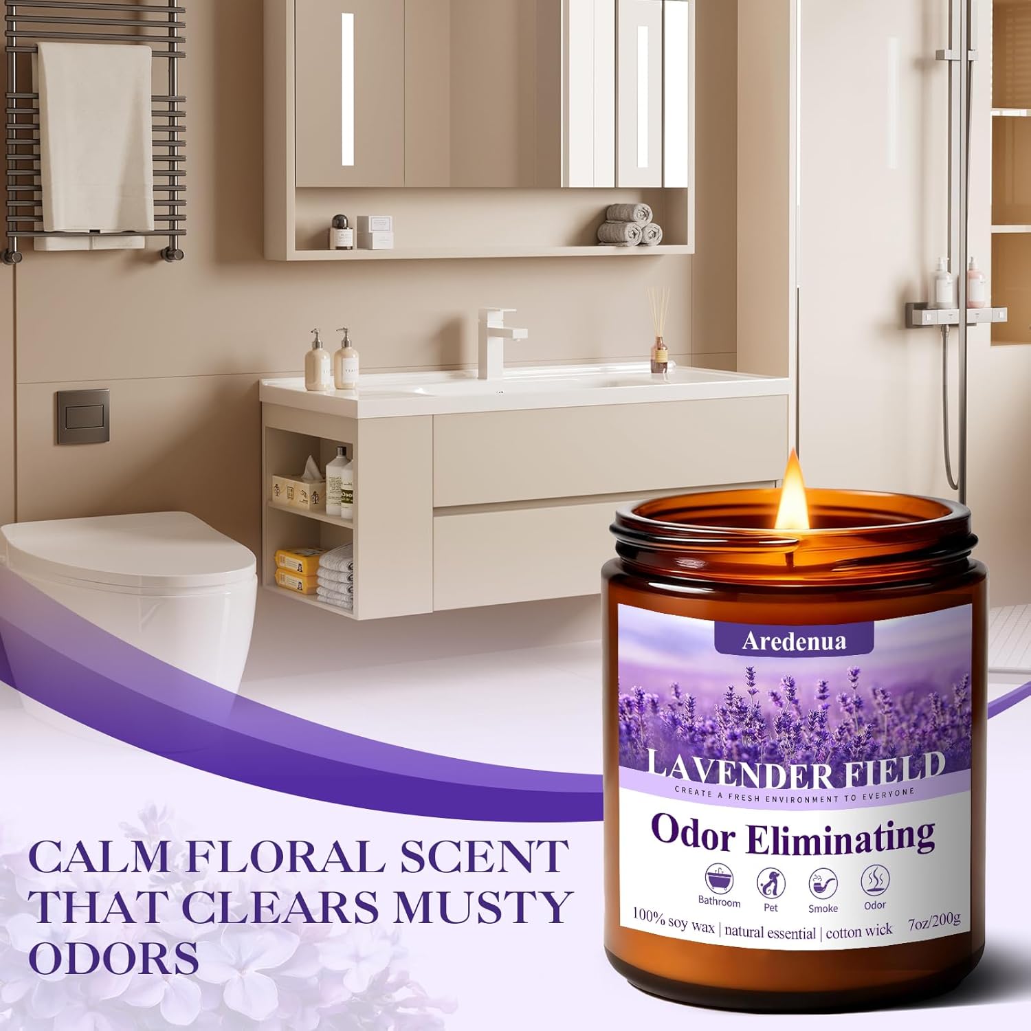 Lavender Odor Eliminating Candles | Eliminates 95% of Pet, Bad Smell & Bathroom Odors – 7oz Hand Poured Soy Candle - Aromatherapy Stress Relief Scented Candles - Relaxing Gifts for Calm & Fresh Homes - Image 5