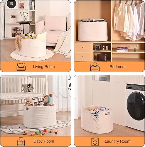 Miniatura 73 de Cesta grande para manta para sala de estar, canasta de almacenamiento rectangular, canasta grande para mantas, cestas de cuerda de algodón tejida