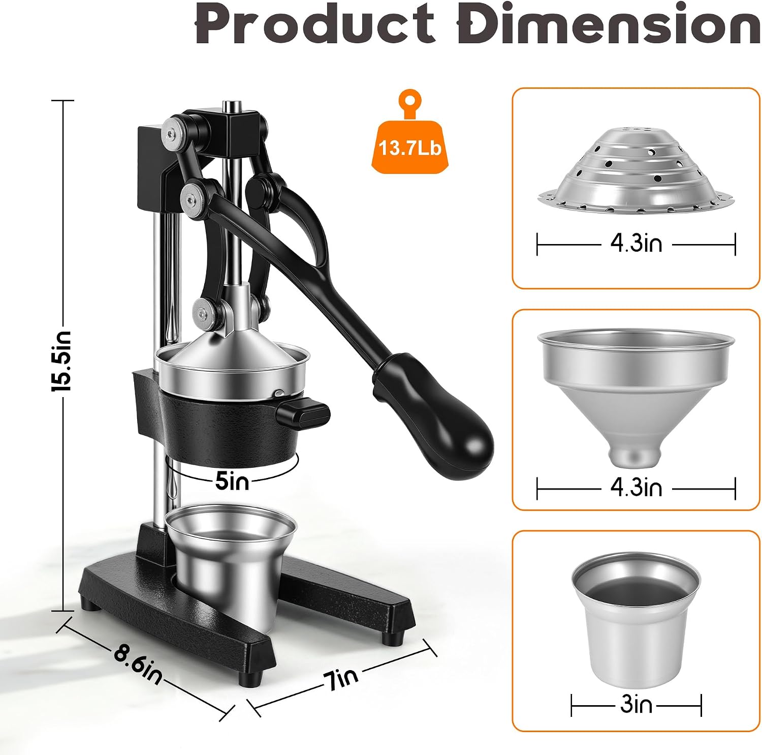 Orange Juicer Squeezer Cast Iron Lemon Squeezer Commercial Citrus Juicer Hand Press for Orange Lemon,Pomegranate, Grapefruit, Easy to Clean Citrus Squeezer with a Stainless Steel Cup (Black)