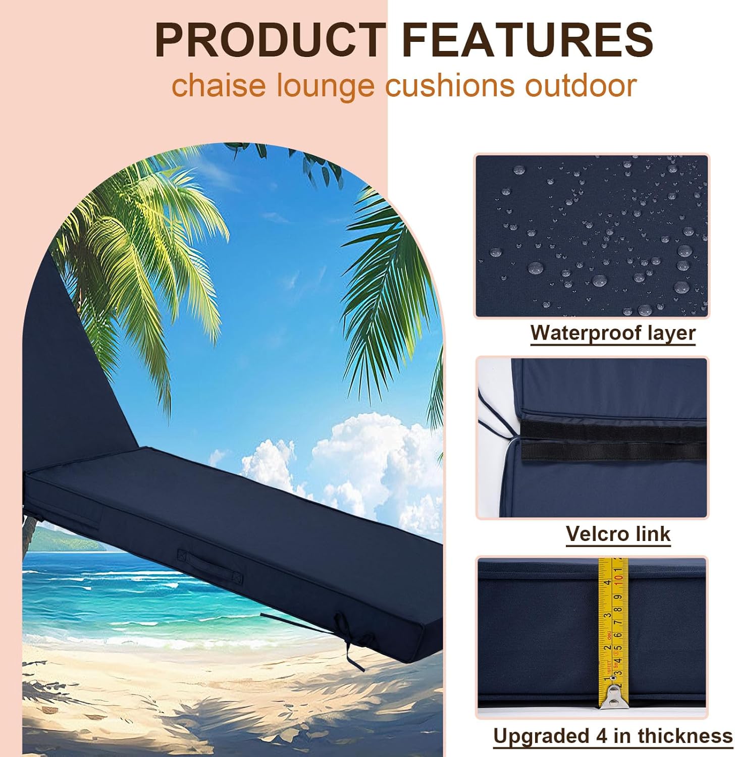 Chaise Lounge Cushions Outdoor Set of 2, Waterproof & Fade Resistant Patio Lounger Cushions, Replacement Sun Lounger Pads with Removable Cover for Pool, Deck, Lawn Furniture