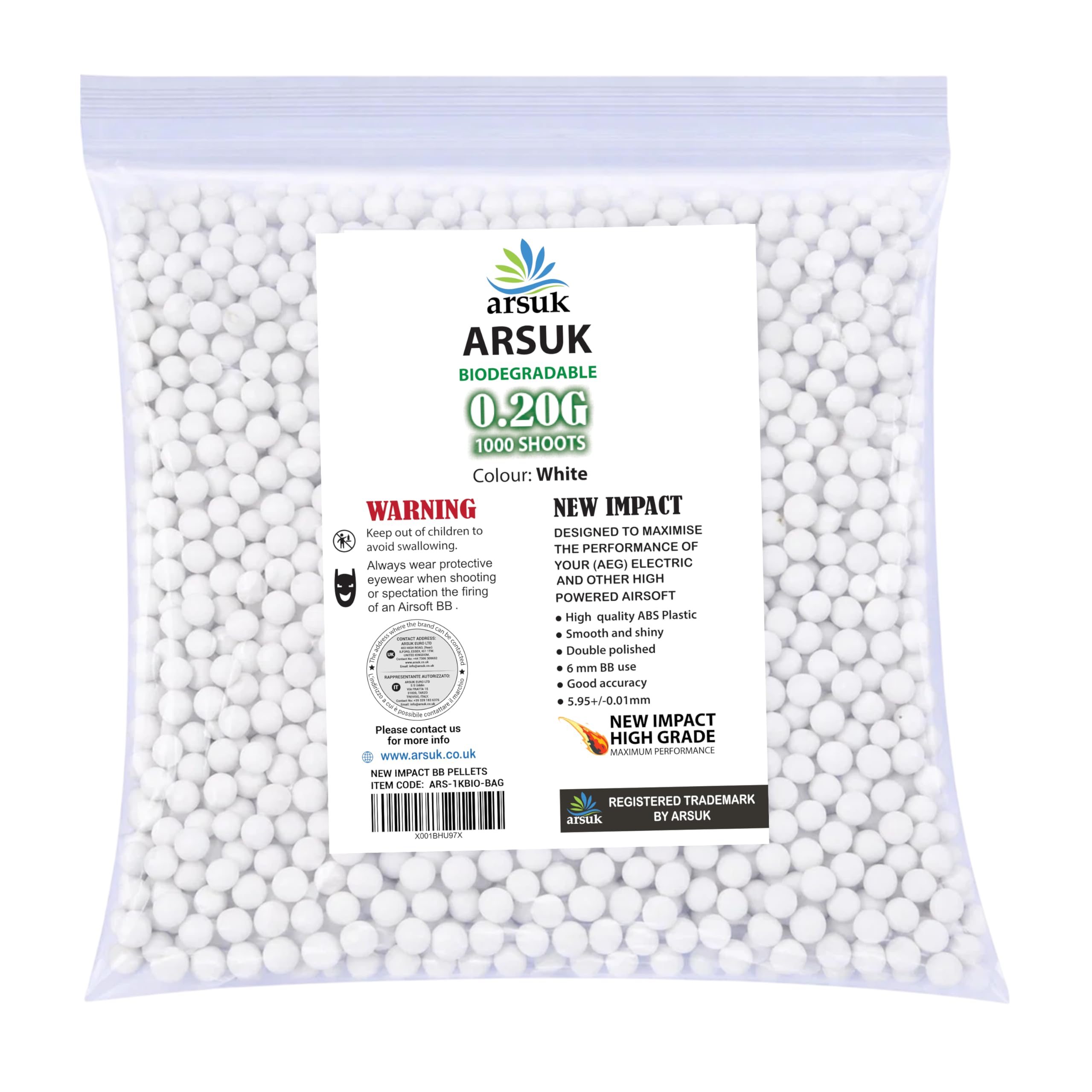 Arsuk Pallini Airsoft Biodegradabili 6 mm – Bianchi – 0,20 g Pellet Senza Giunture per Tiro – Munizioni Di Precisione con Finitura Liscia – Confezione da 1000 per Prestazioni Costanti