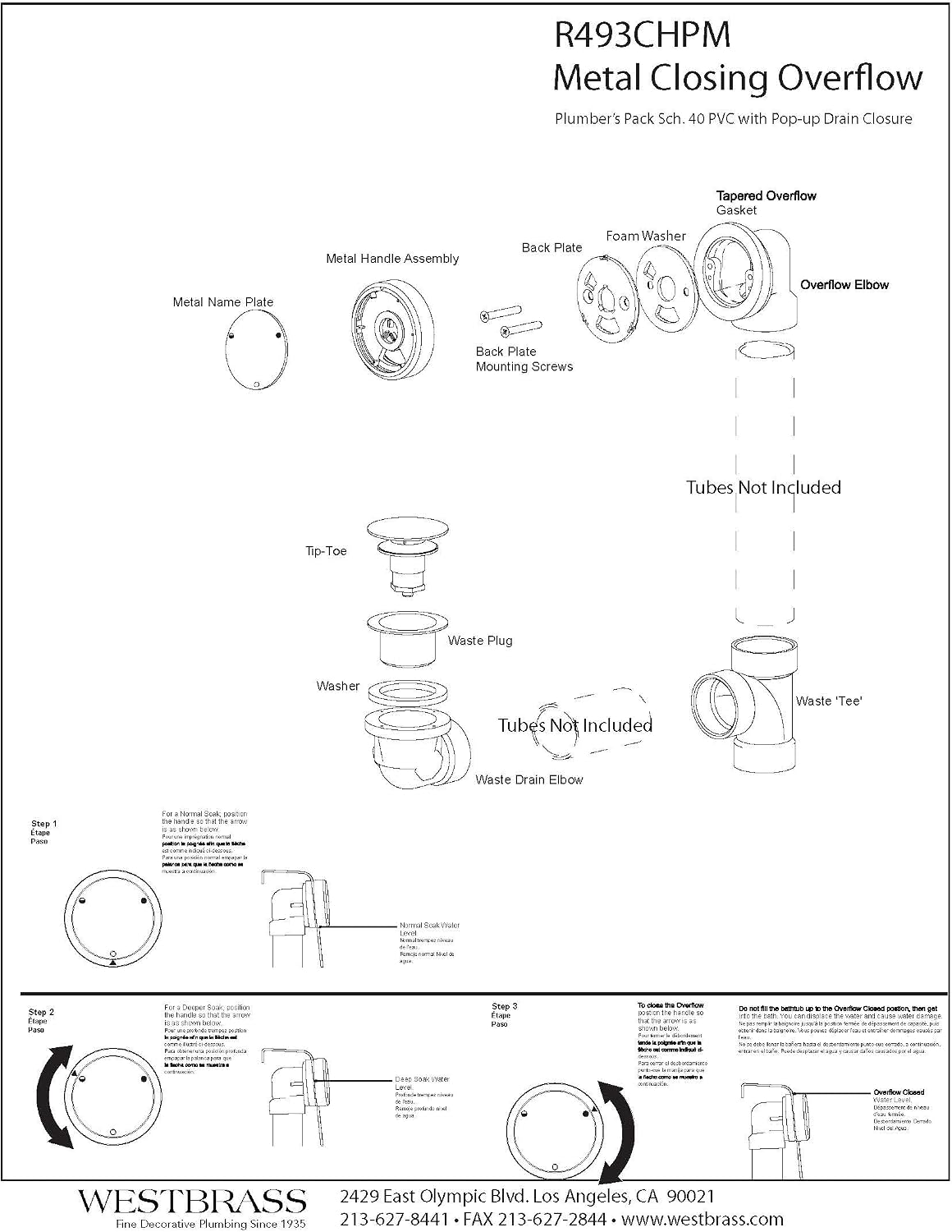 Westbrass R493CHPM-07 Bathtub Trim Kit with Patented Deep Soak 2-Hole Overflow Cover and Tip-Toe Drain Plug - Sch. 40 Plumber's Pack, Satin Nickel image 5