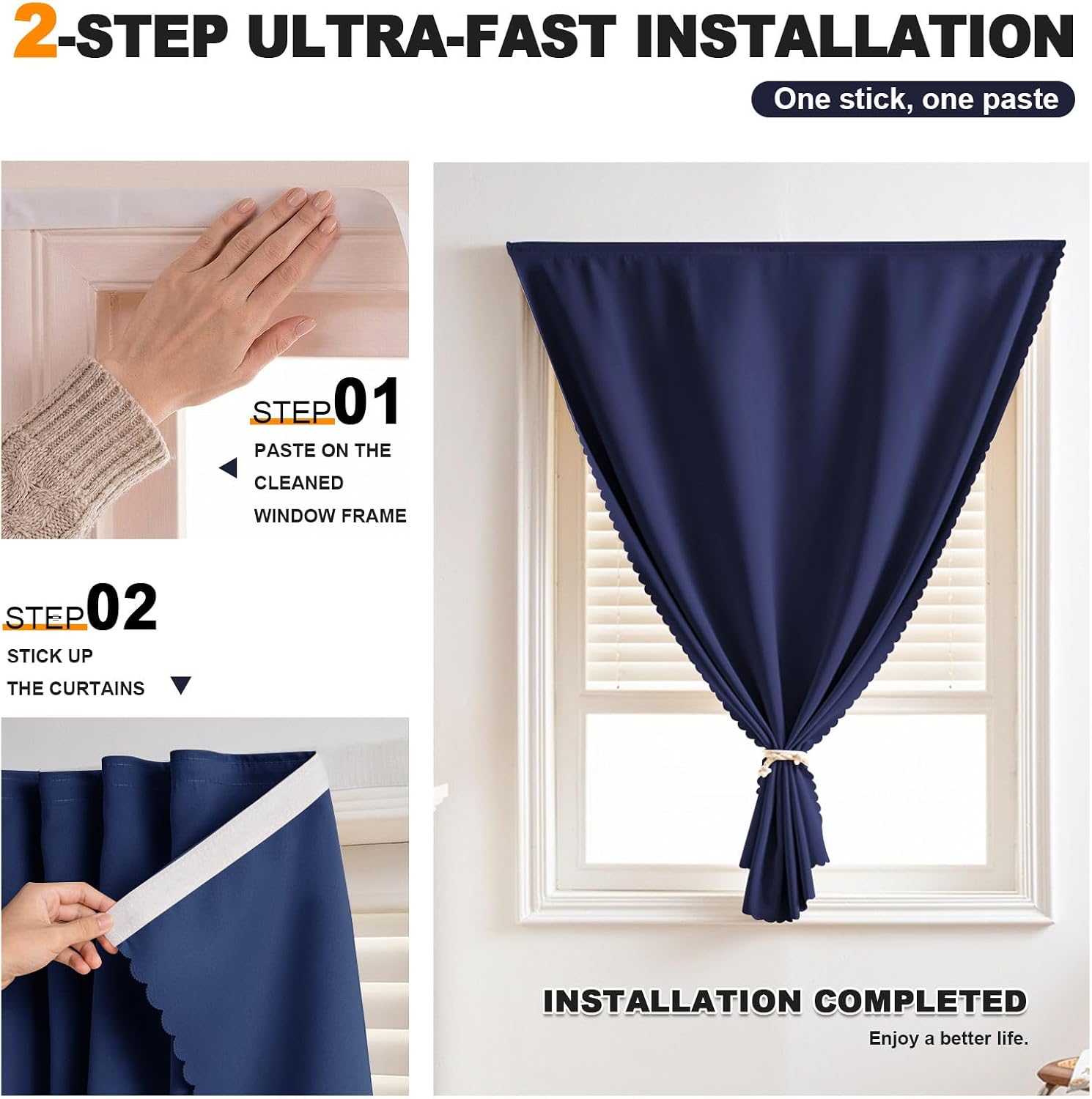 Self Adhesive Curtains - No Drilling, No Rod, Easy to Install Blackout Curtains for Window Blinds,Bedroom(Navy Blue 35 * 59in-1P) thumbnail