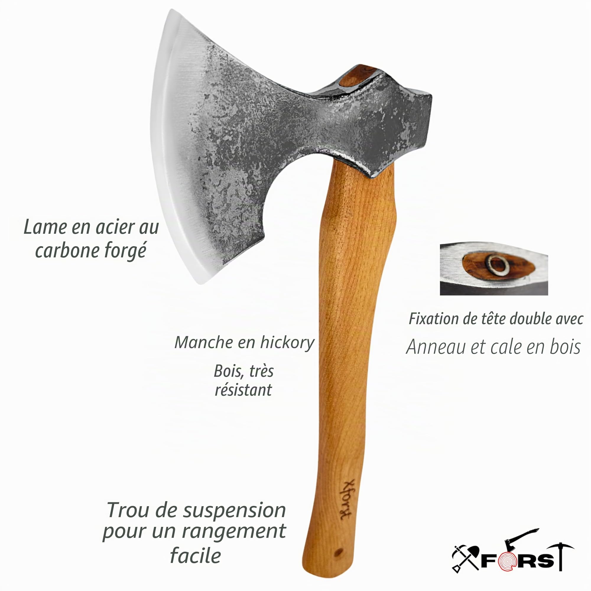 Hache Viking WIK Forgée en Acier au Carbone avec Manche en Noyer Américain 38 cm 0,87 kg Outil de Bûcheronnage et Camping Étui en Cuir