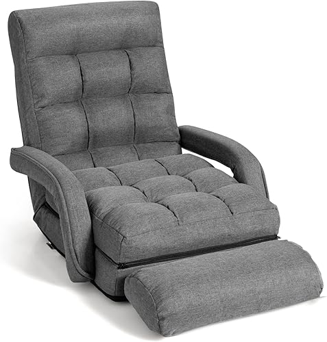 Miniatura 10 de GOFLAME Sofá perezoso de masaje plegable ajustable, sofá de silla de suelo, silla acolchada para juegos con reposabrazos y almohada