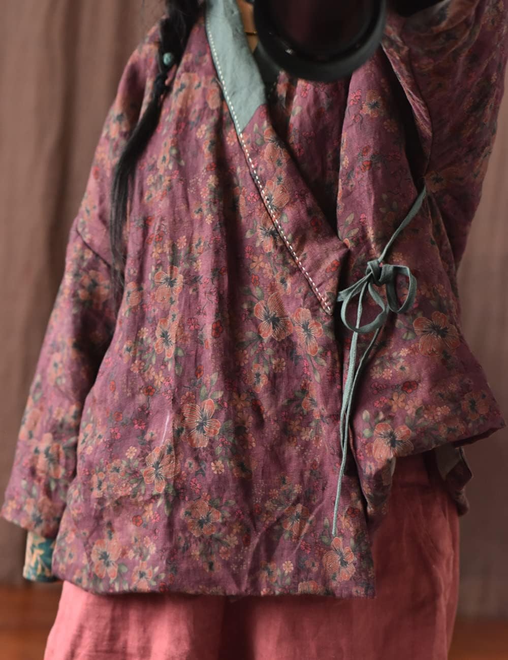 NFYM Women's Cotton Padded Short Jacket Kimono Cardigan Wrap Front Chinese Hanfu Style Printed Patchwork Loose Outwear - Image 5