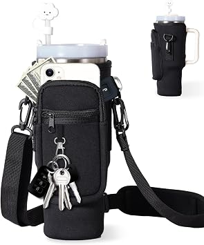 dabria Water Bottle Carrier Bag with Phone Pocket for Stanley 40/30 oz Tumbler Neoprene Water Bottle Holder Pouch with Adjustable Strap Bollus with Straw Cover for Stanley Cup Accessories