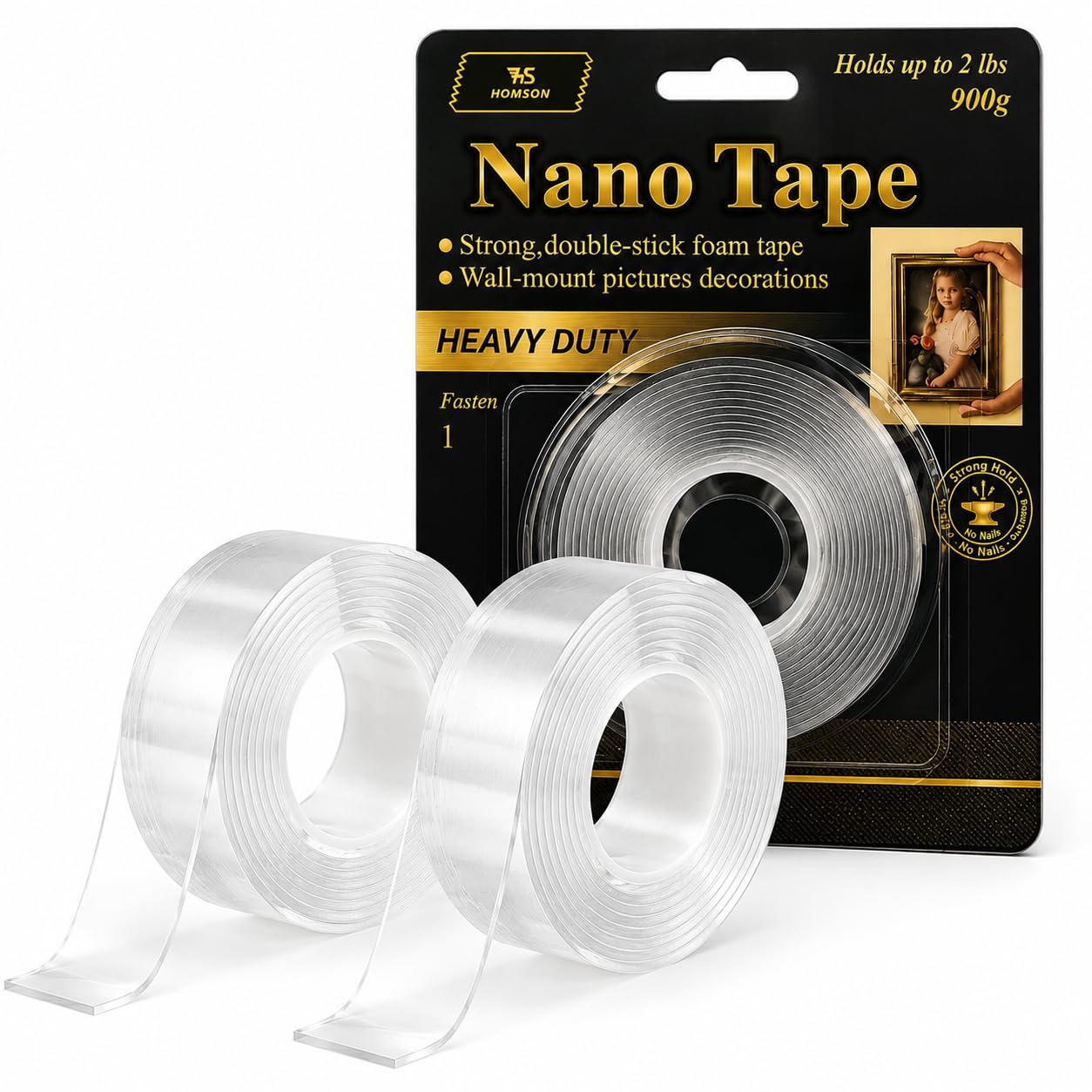 SJ Essentials Double Sided Clear Tape 18mm x 3m Heavy Duty Nano Mounting Tape Strong Removable Reusable Adhesive Strip for Wall Mounting Picture Hanging Poster Photo Frames Carpet Home Decor (2 Rolls)