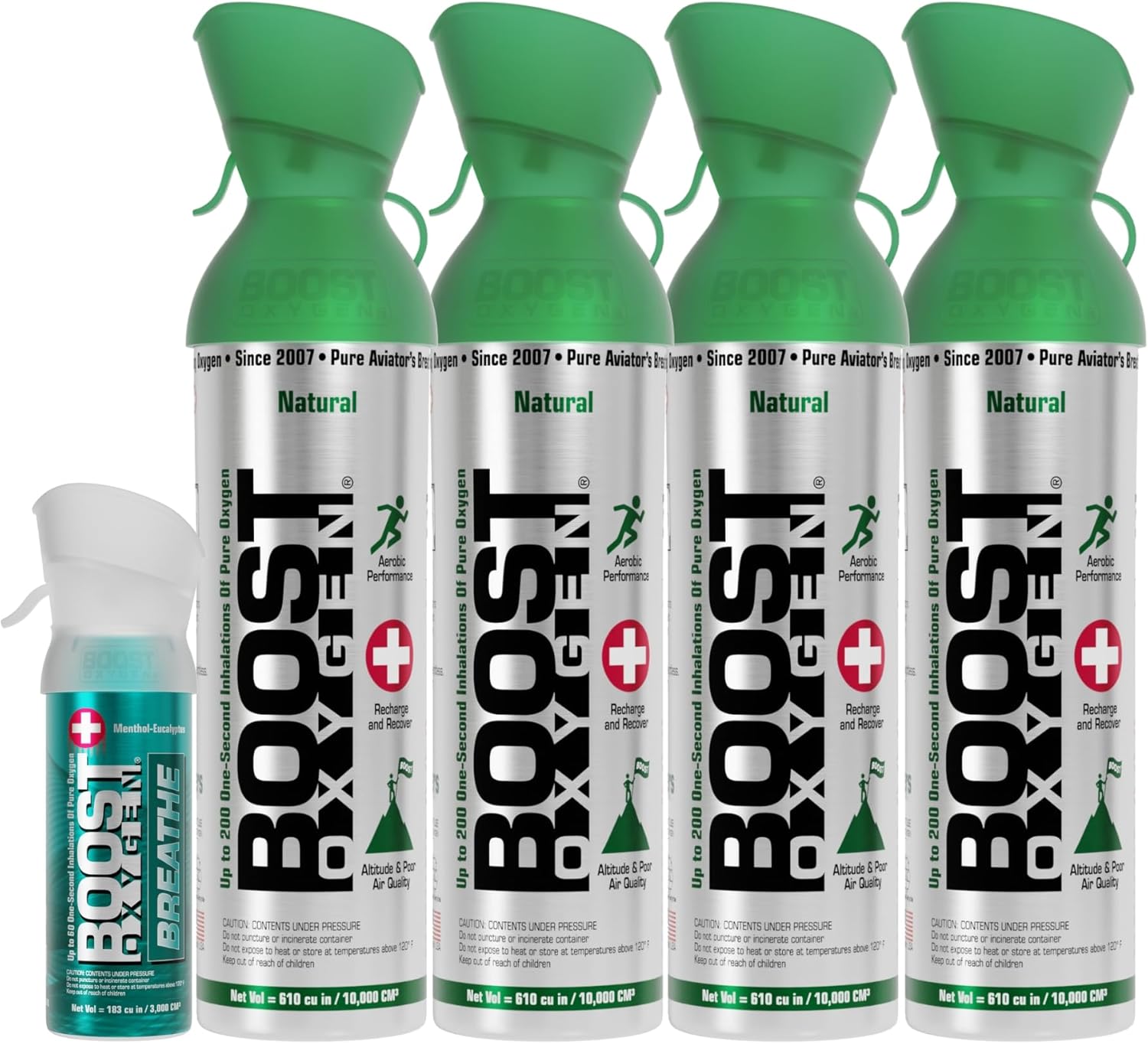 Boost Oxygen Canned 4 Portable 10 Liter Natural Oxygen Canister Bottle with 1 Menthol Eucalyptus Pocket Sized Pure Canned Oxygen Bottle Canister