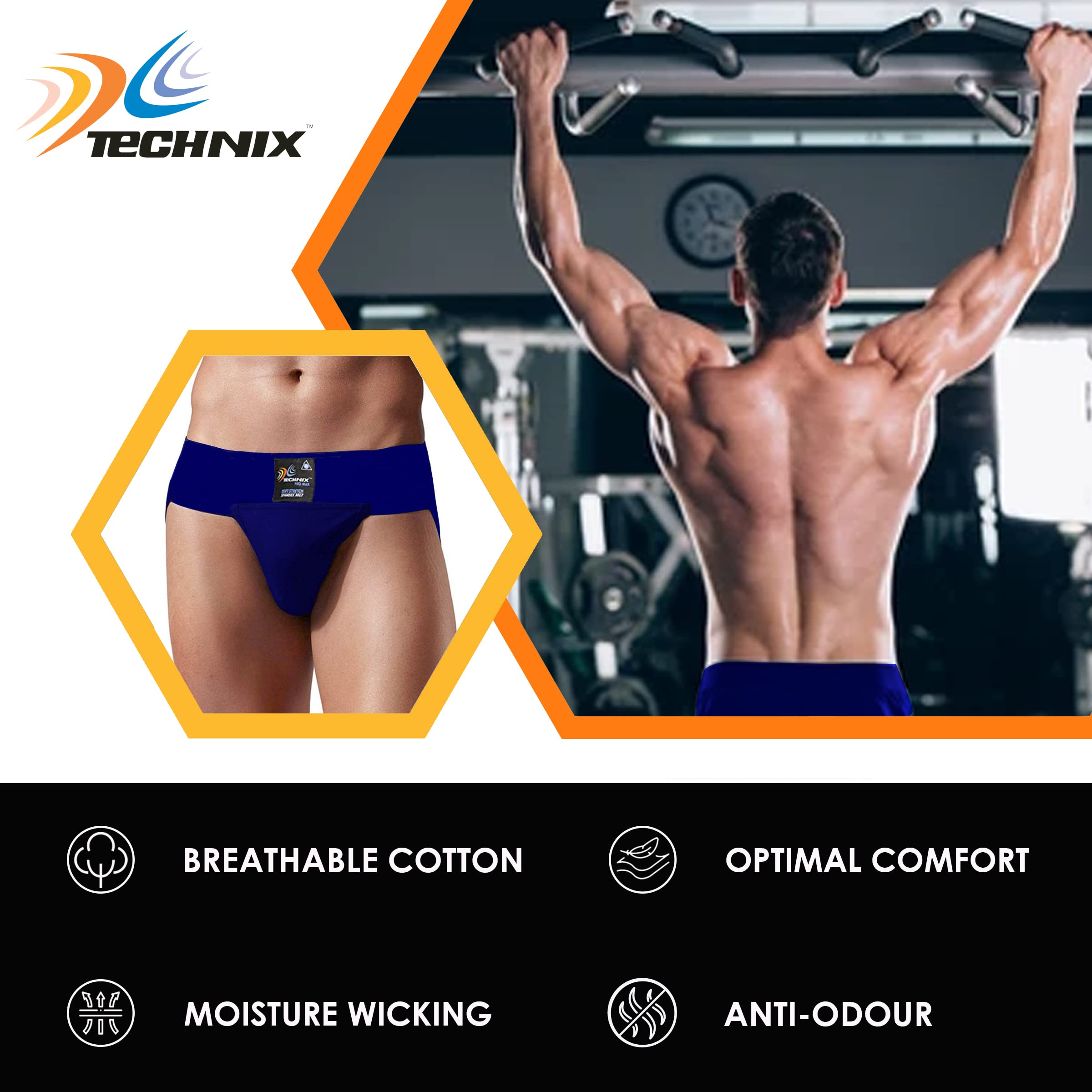 Technix Men's Breathable Cotton Athletic Supporters Cross fit Gym and Fitness for Cricket, Football, Hockey, Athletics, Badminton Lawn Tennis & Any Other Sports Black 1
