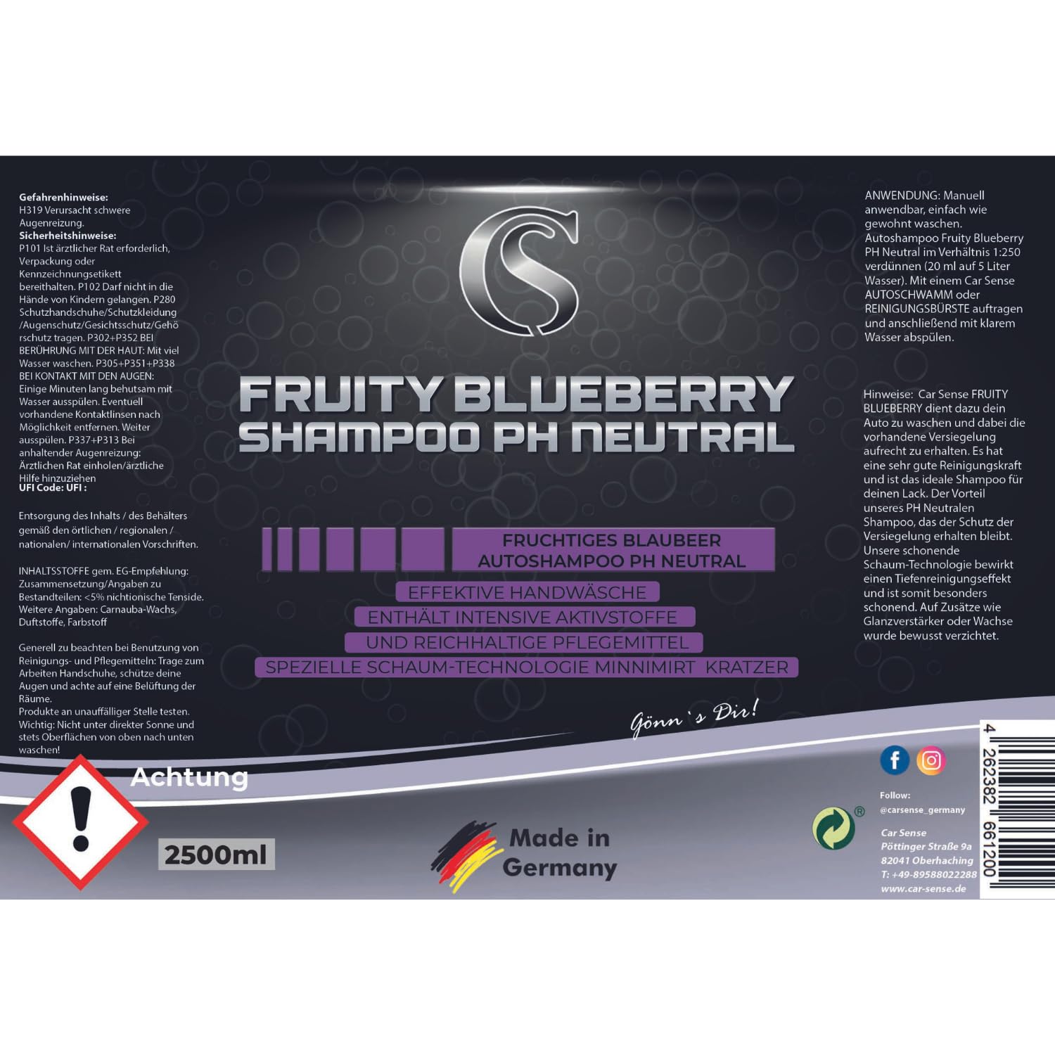 Car Sense Autoshampoo [2500ml] Blueberry, pH-neutral - Effektive Handwäsche für tagelangen Glanz - Autoreiniger, Autowaschmittel, Auto Waschen, Car Wash