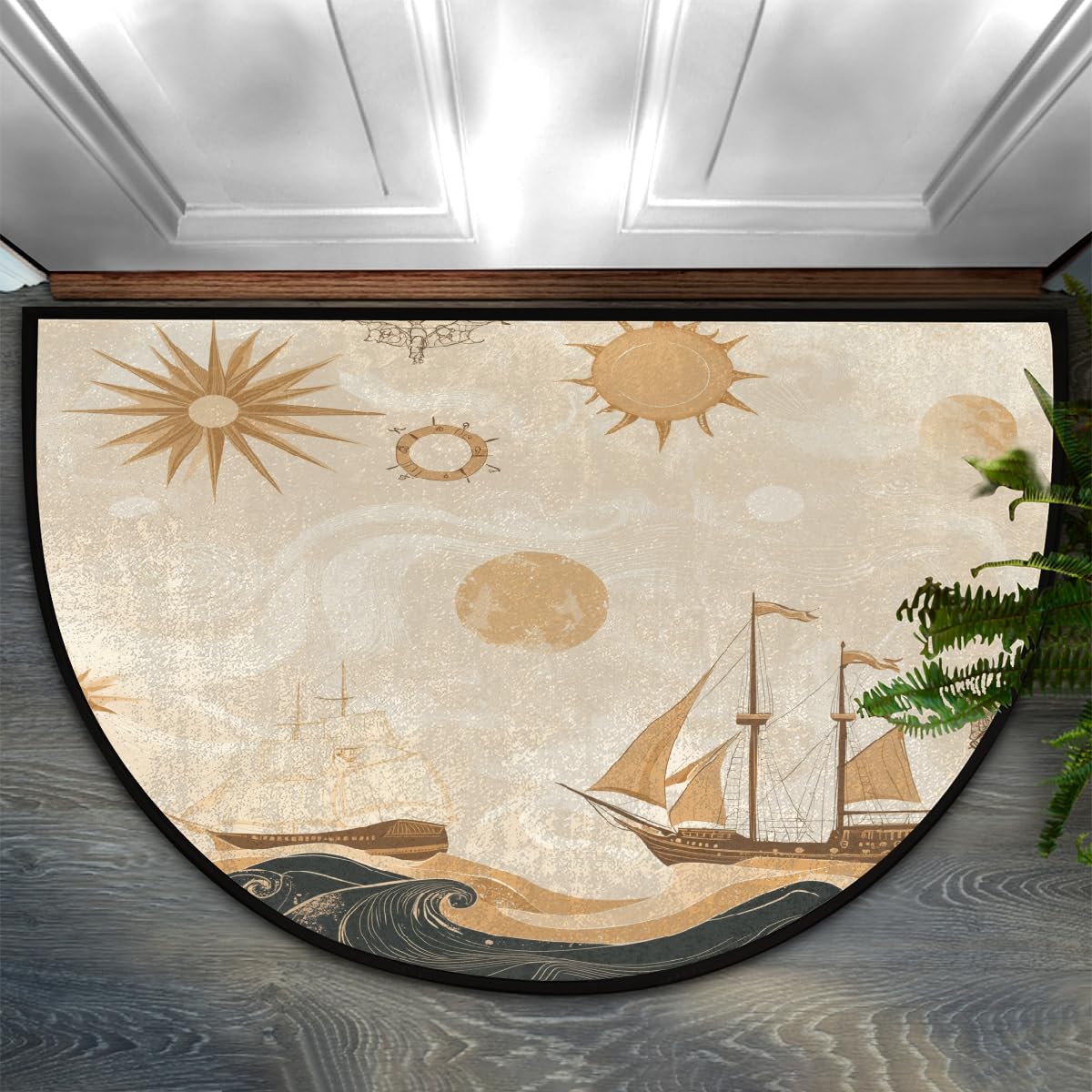 Mexpekil Half Round Door Mat, Nautical Compasses Ships Sea Non-Slip Semi Circle Area Rug for Front Door Hallways Entrance, Washable Indoor Outdoor Doormat