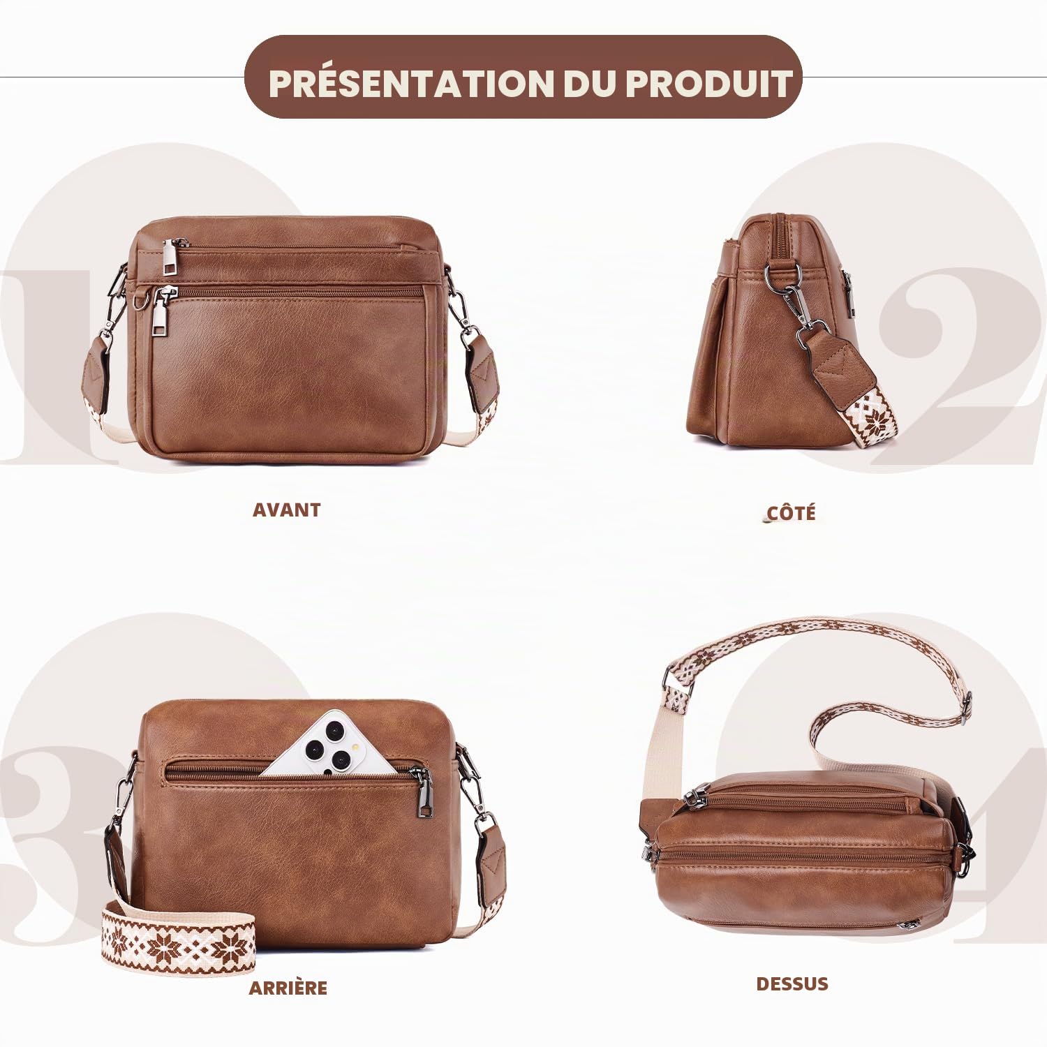 ATERITSSI - Sac à bandoulière tendance en cuir végétalien pour femme, sac à main pour téléphone portable, appareil photo, avec emplacements pour cartes