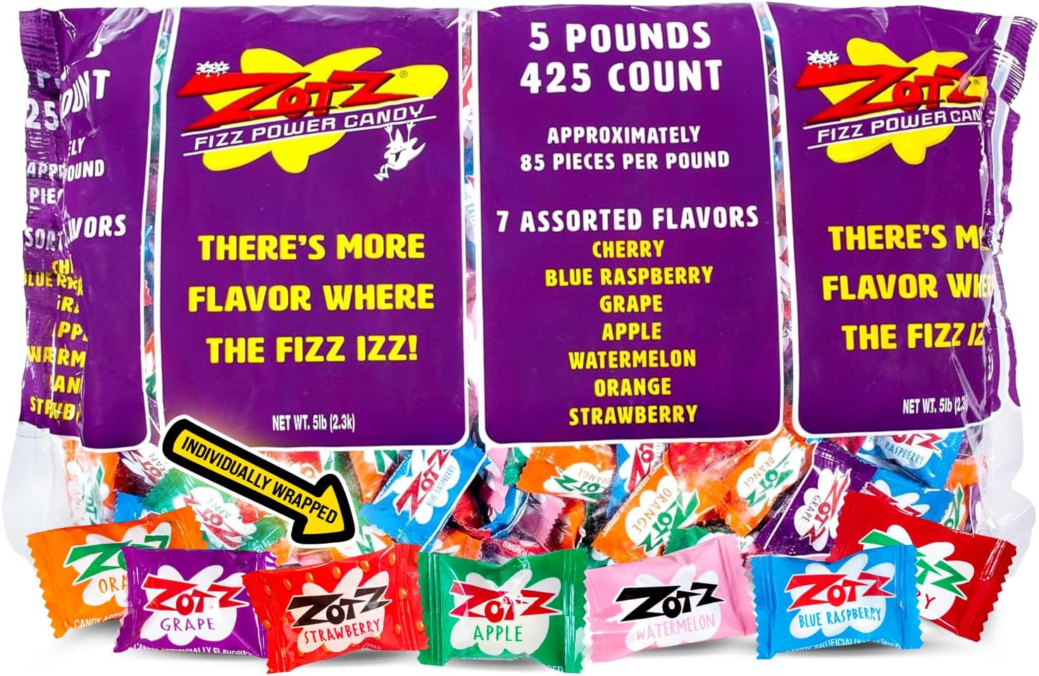 Zotz Fizzy Bulk Candy (Assorted, 425 Units)- Hard Candy Individually Wrapped- Assorted 7 Fruit Flavors, Cherry, Watermelon, Strawberry, Blue Raspberry, Apple, Orange & Grape- From Italy Since 1970