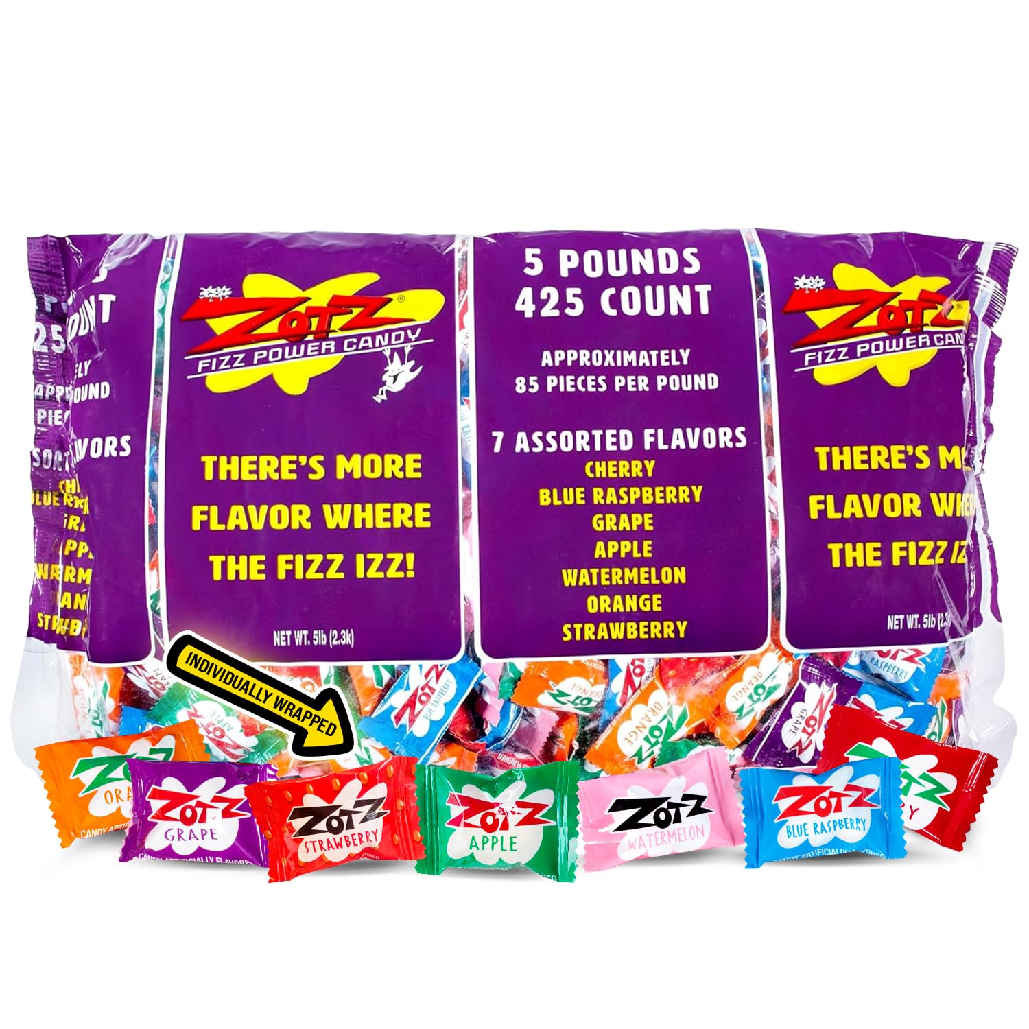 Zotz Fizzy Bulk Candy (Assorted, 425 Units)- Hard Candy Individually Wrapped- Assorted Fruit Flavors, Cherry, Watermelon, Strawberry, Blue Raspberry, Apple, Orange & Grape- From Italy Since 1970